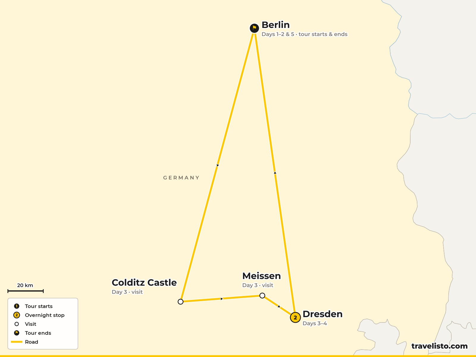 Map of the 5-day route from Berlin to Colditz, Meissen and Dresden