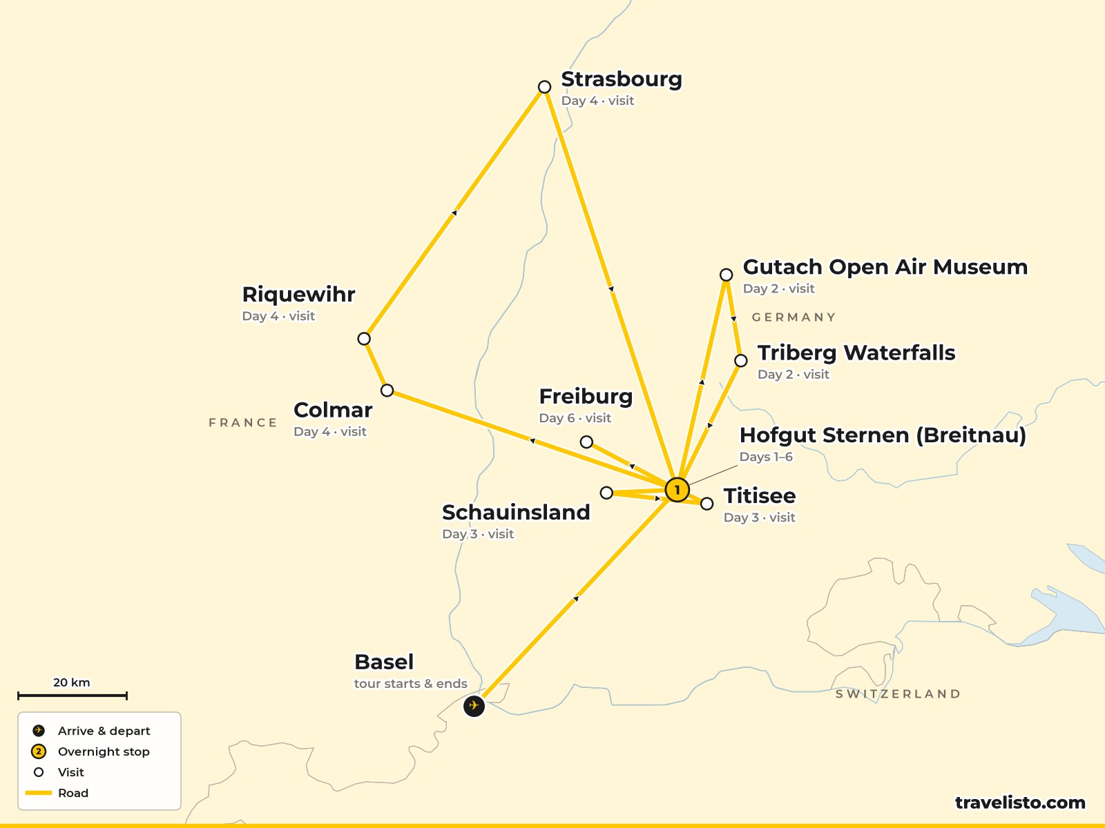 Map of the Black Forest and Alsace showing Breitnau, Titisee, Freiburg, Colmar and Strasbourg