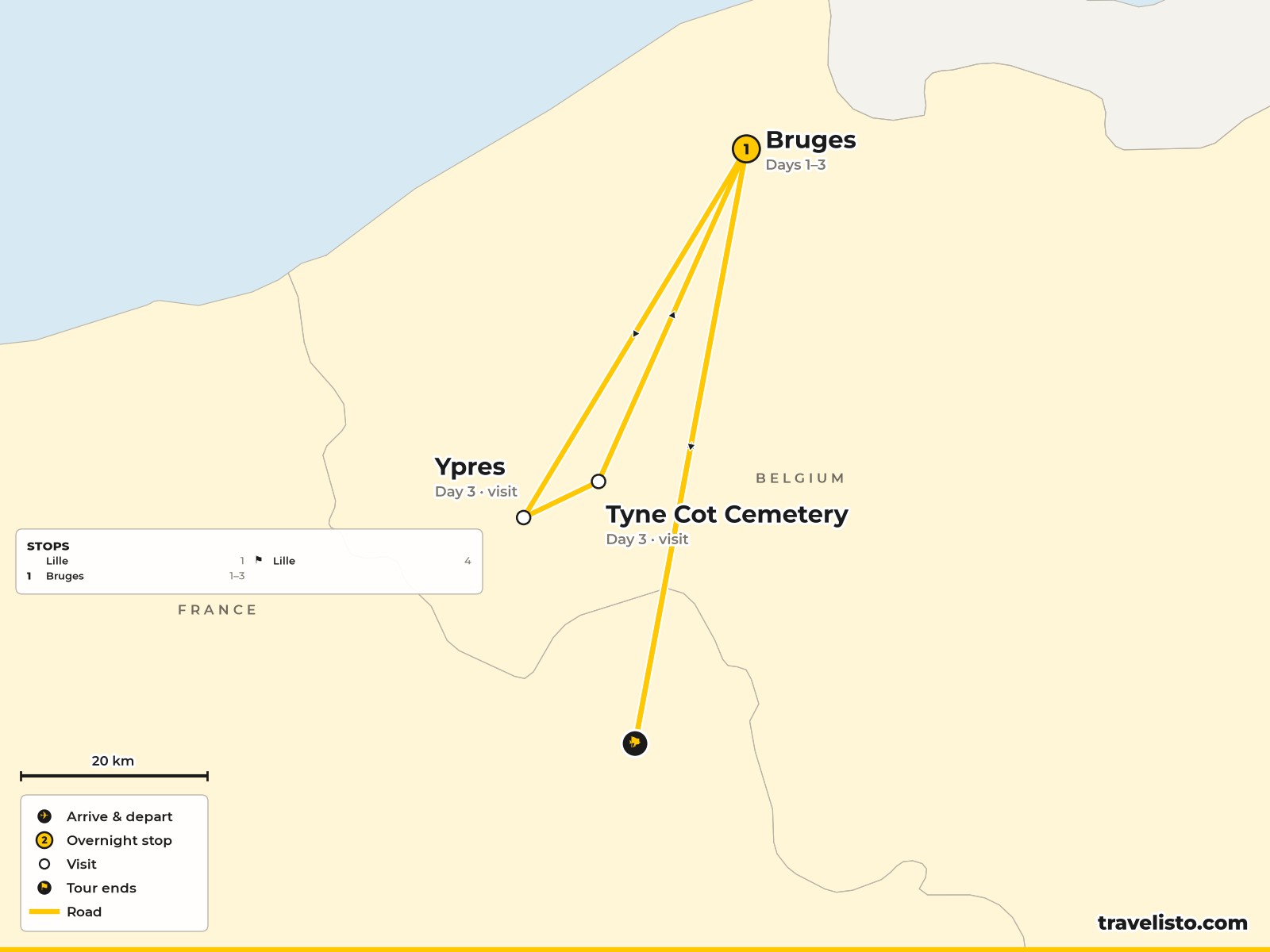 Map of the 4-day route from London by Eurostar to Lille and Bruges, with a day trip to Ypres