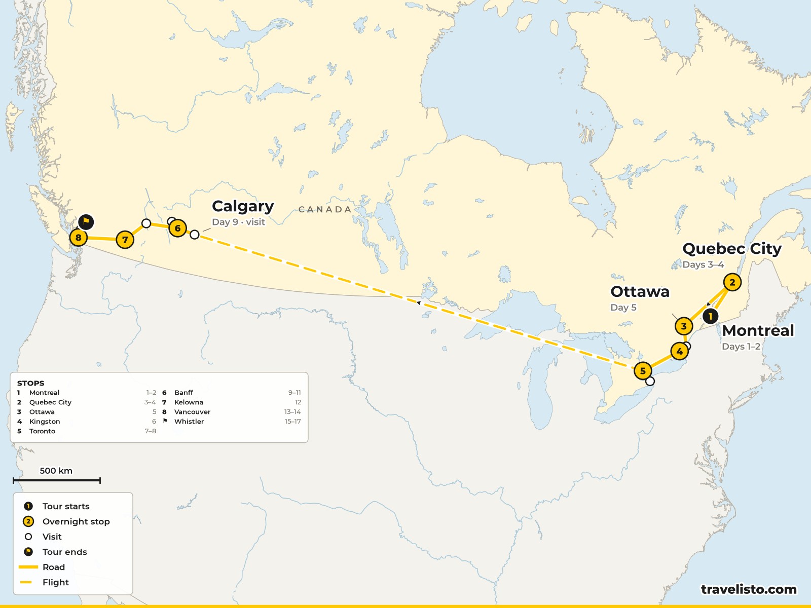 Map of the 18-day route across Canada from Montreal to Toronto, then Banff, Vancouver and Whistler