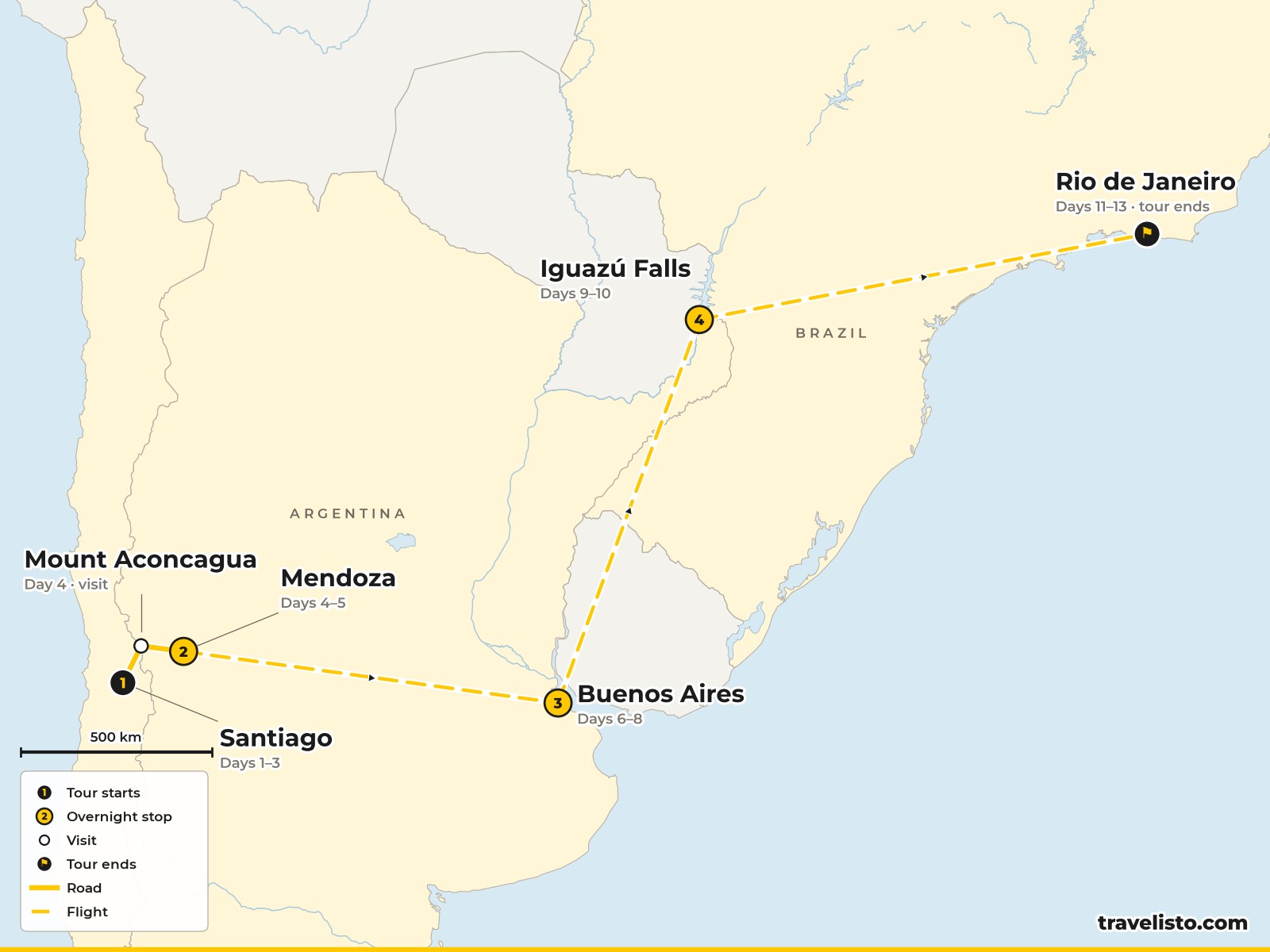 Map of the 14-day route from Santiago to Mendoza, Buenos Aires, Iguaçu Falls and Rio de Janeiro