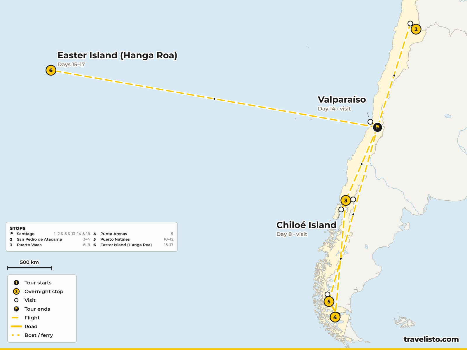 Map of the 20-day route from Santiago to the Atacama, Patagonia and Easter Island