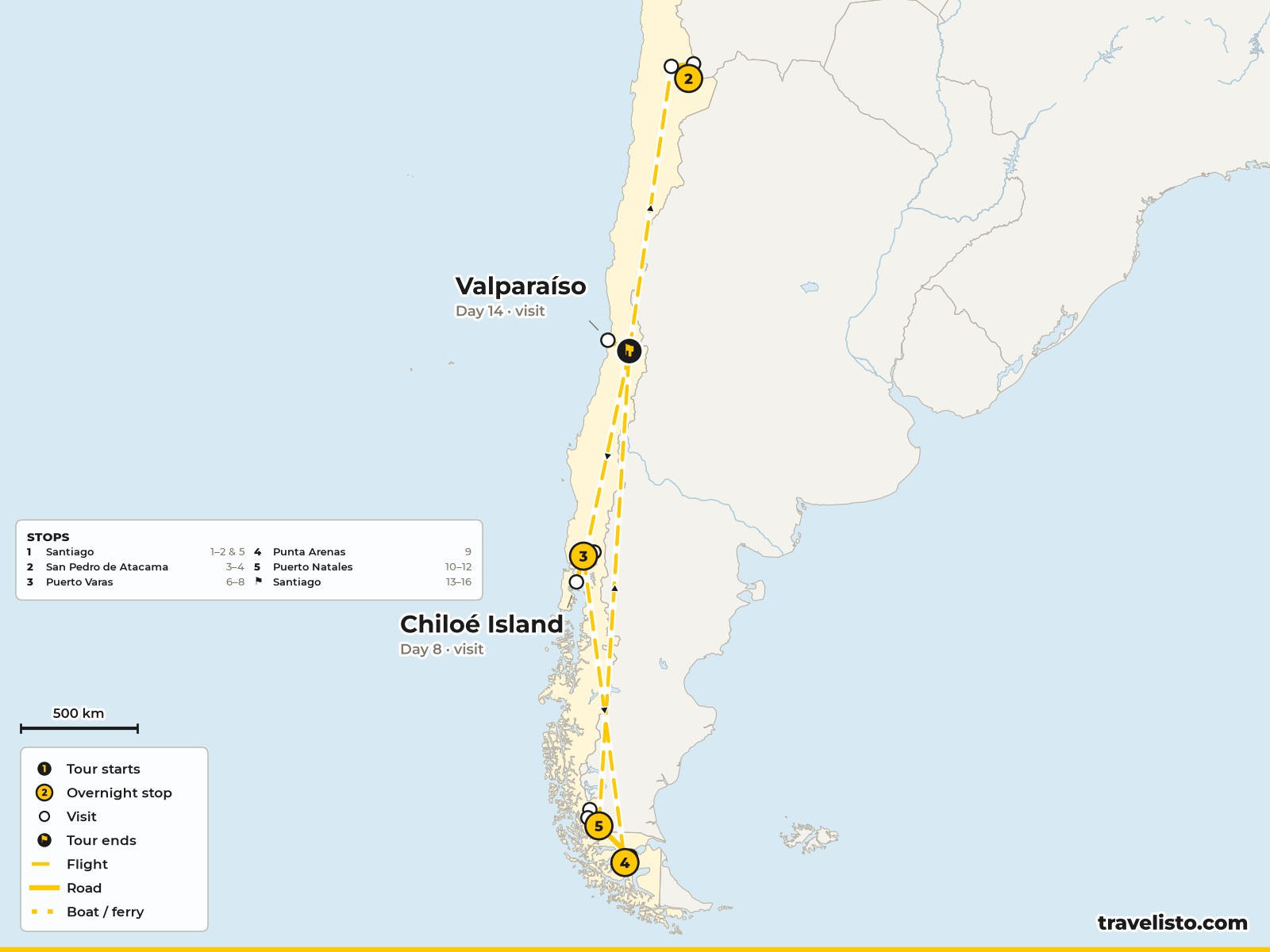 Map of the 16-day route from Santiago to the Atacama, Puerto Varas and Patagonia