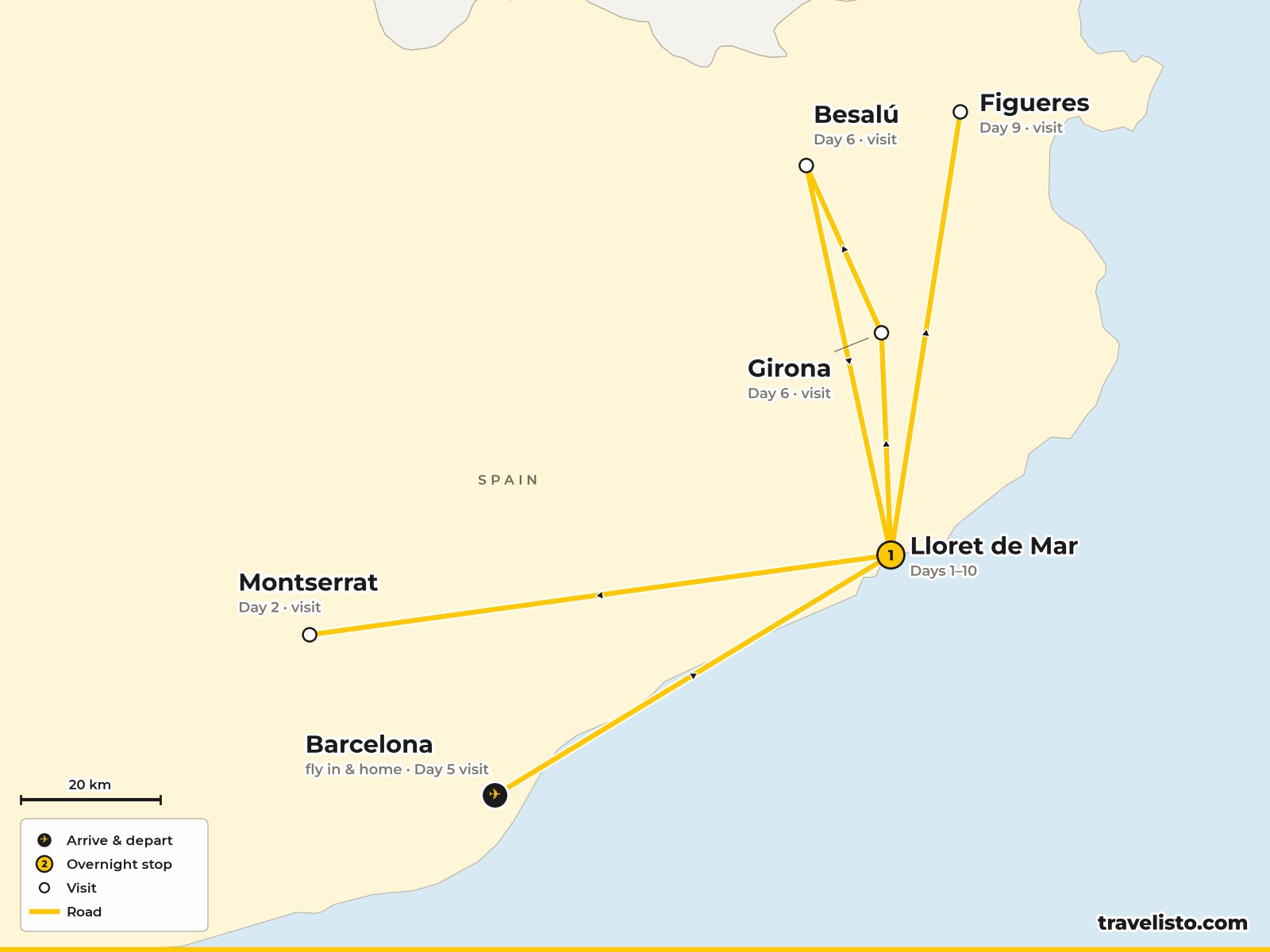 Map of the 11-day festive holiday based in Lloret de Mar, with Montserrat, Barcelona and Girona
