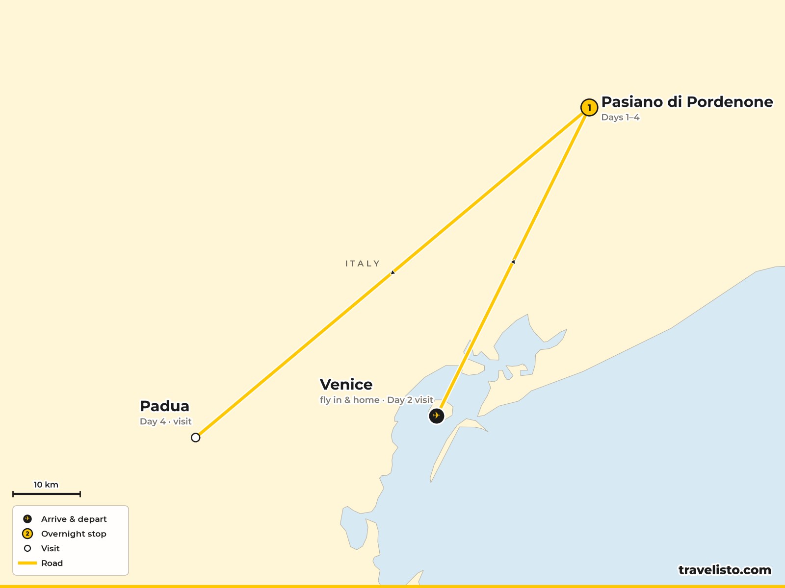 Map of the 5-day Christmas holiday based at Pasiano di Pordenone, with Venice and Padua