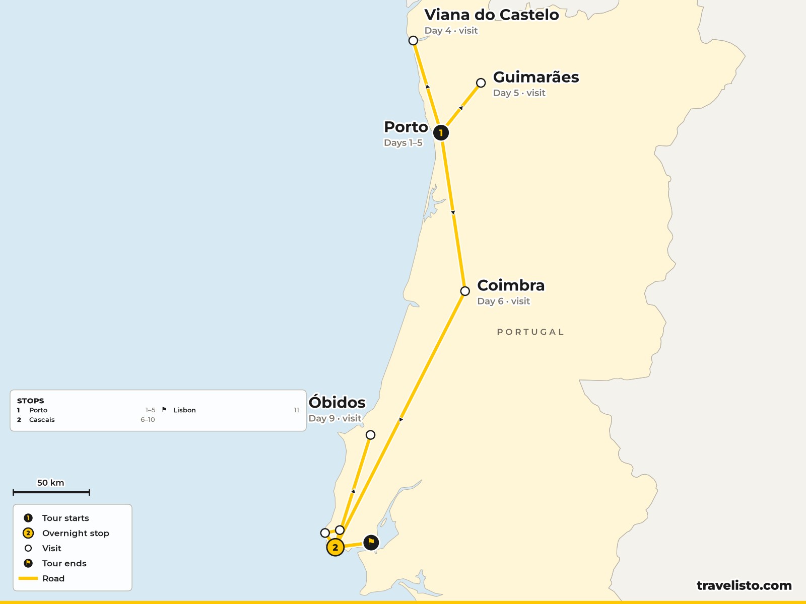 Map of the 11-day route from Porto to Viana do Castelo and Guimaraes, then Coimbra, Cascais, Lisbon, Sintra and Obidos