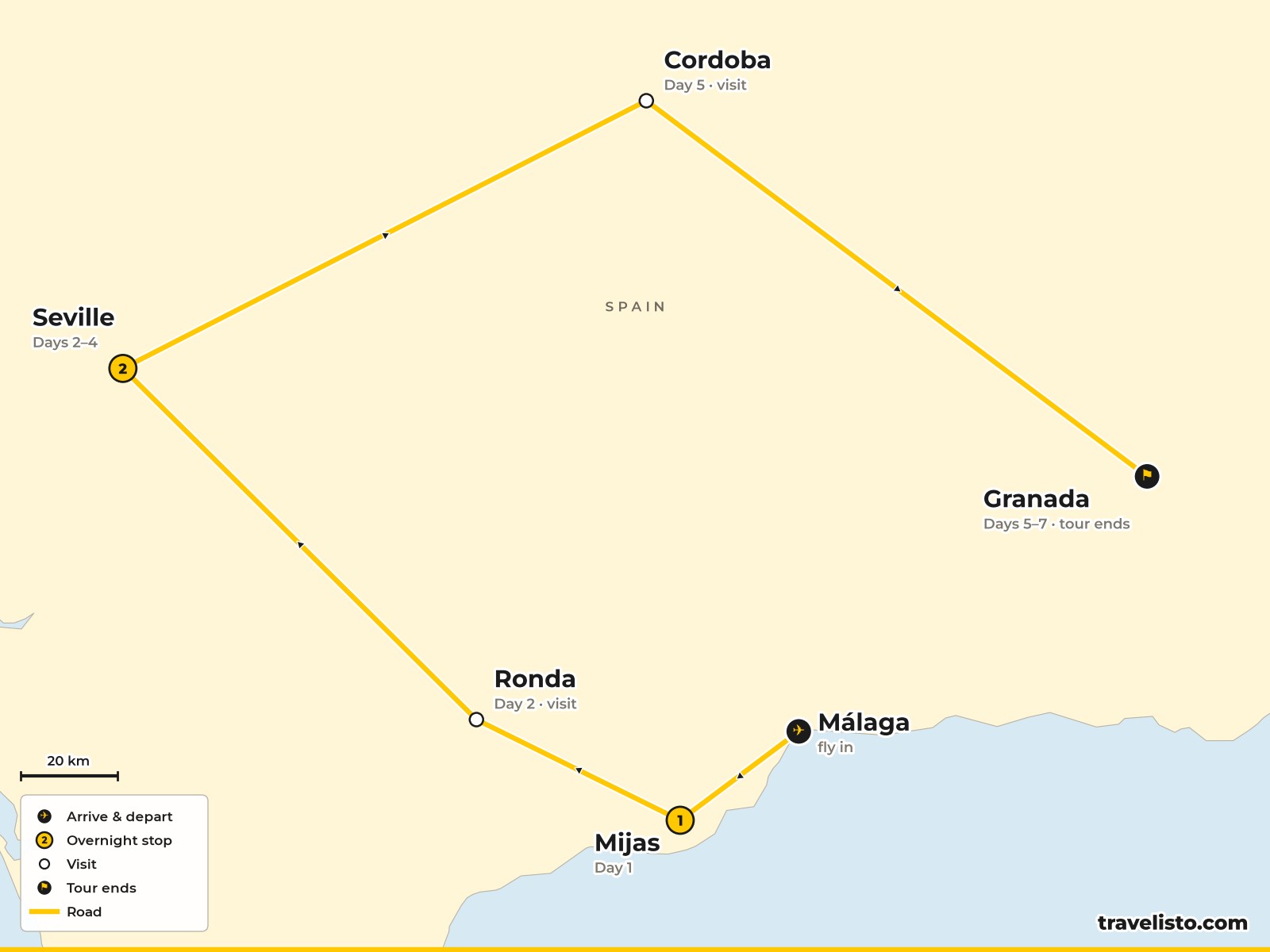 Map of the 7-day route from Málaga to Mijas, Ronda, Seville, Córdoba and Granada