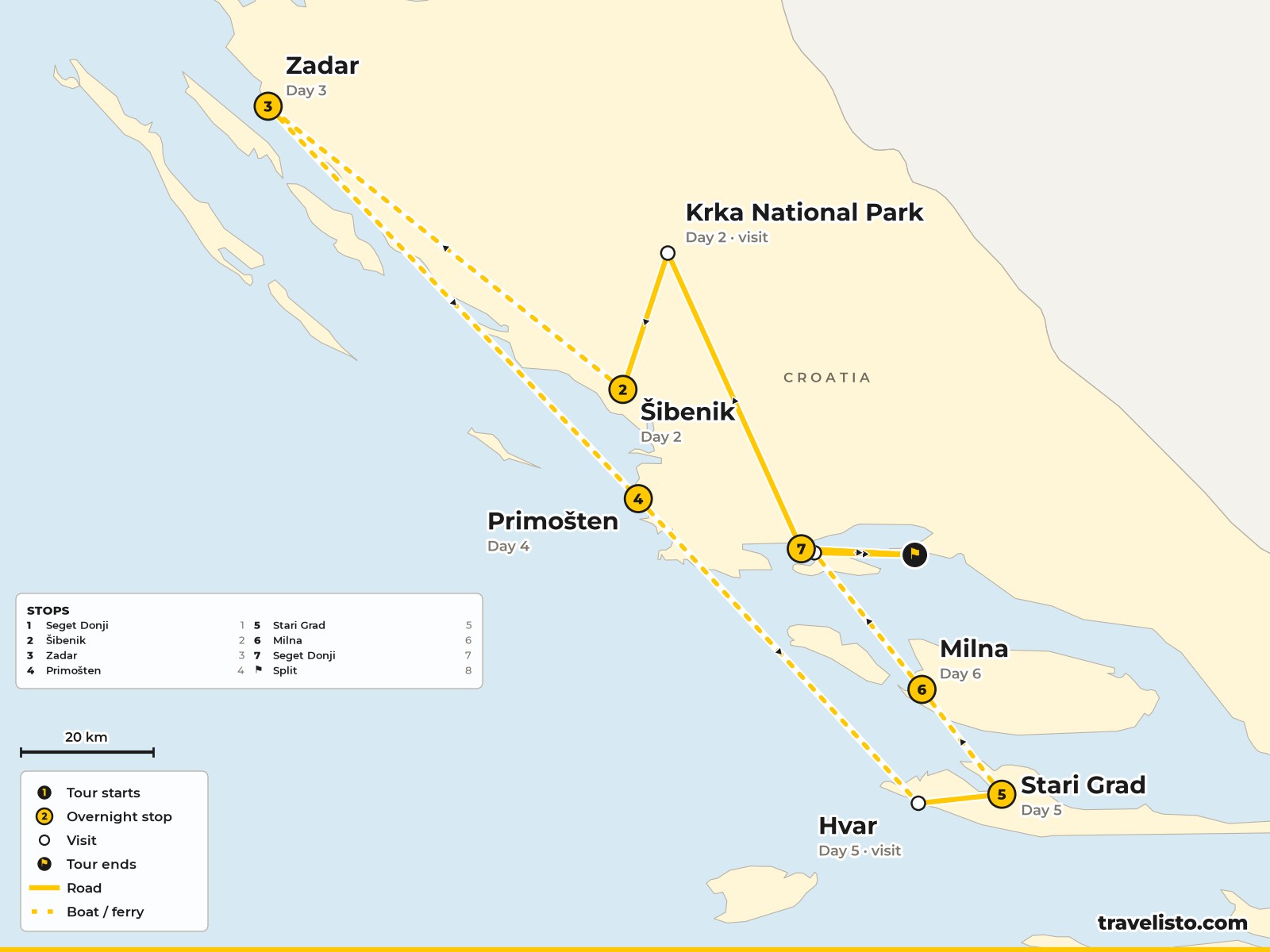 Map of the 8-day cruise from Split to Krka, Sibenik, Zadar, Primosten, Hvar, Brac and Trogir