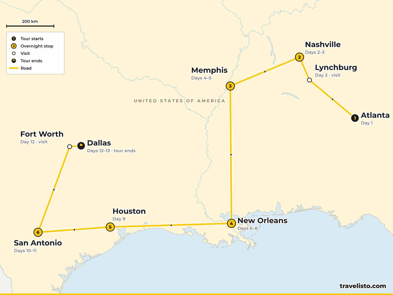 Map of the 13-day route from Atlanta to Nashville, Memphis, New Orleans, Houston, San Antonio and Dallas