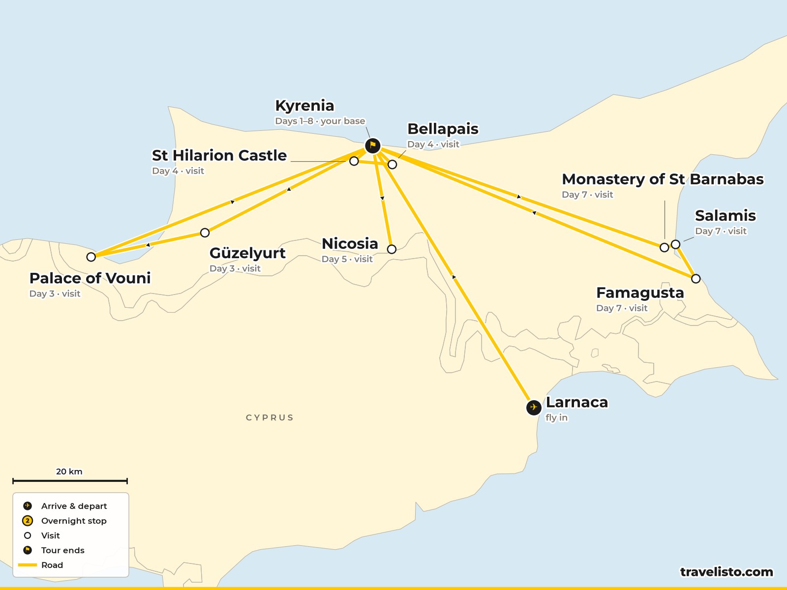 Map of Northern Cyprus showing Kyrenia, Soli, St Hilarion, Nicosia, Famagusta and Salamis