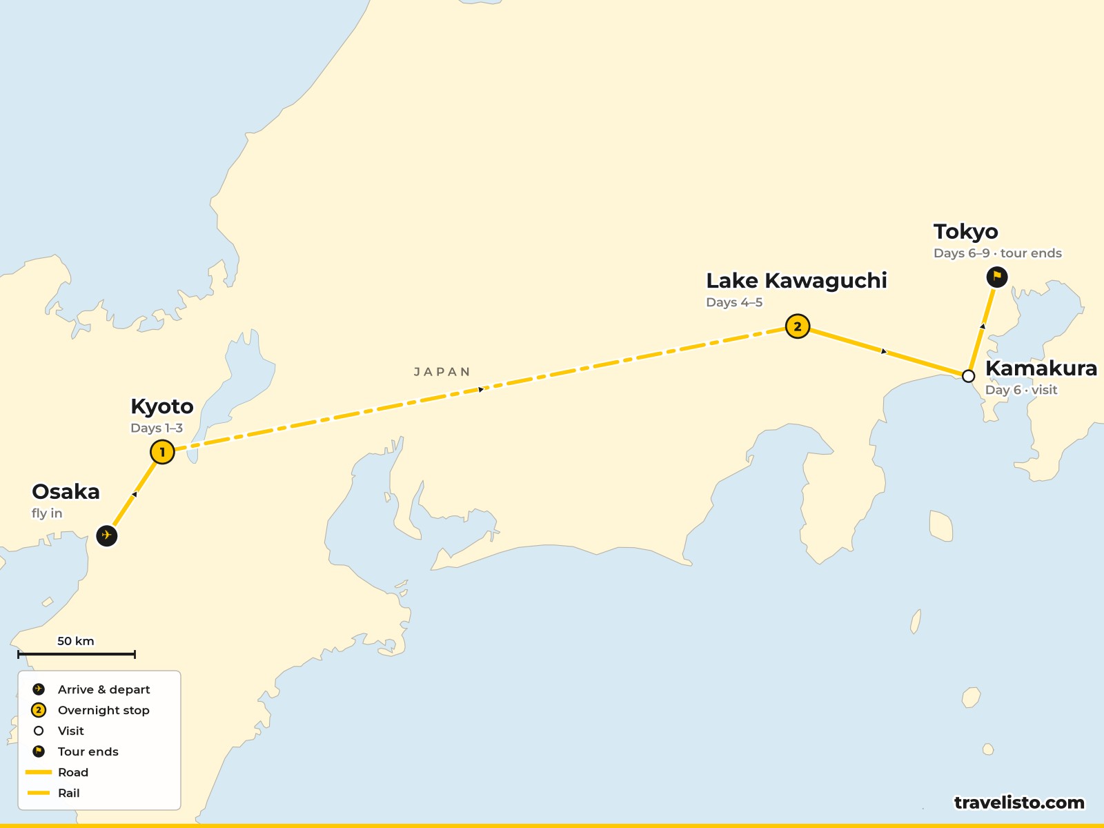Map of the 10-day route from Kyoto to Mount Fuji, Kamakura and Tokyo