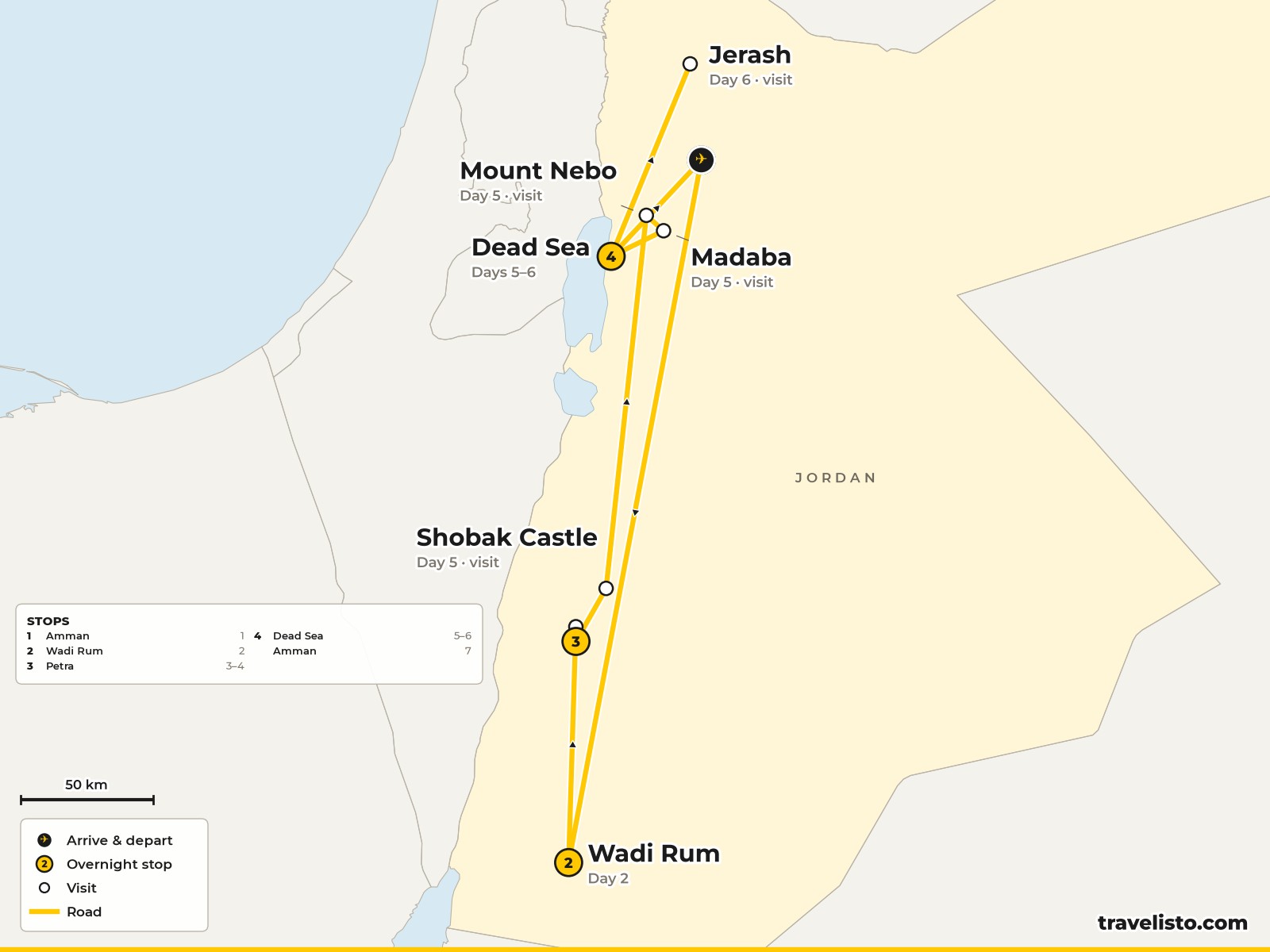 Map of the 7-day route from Amman to Wadi Rum, Petra, the King's Highway and Jerash
