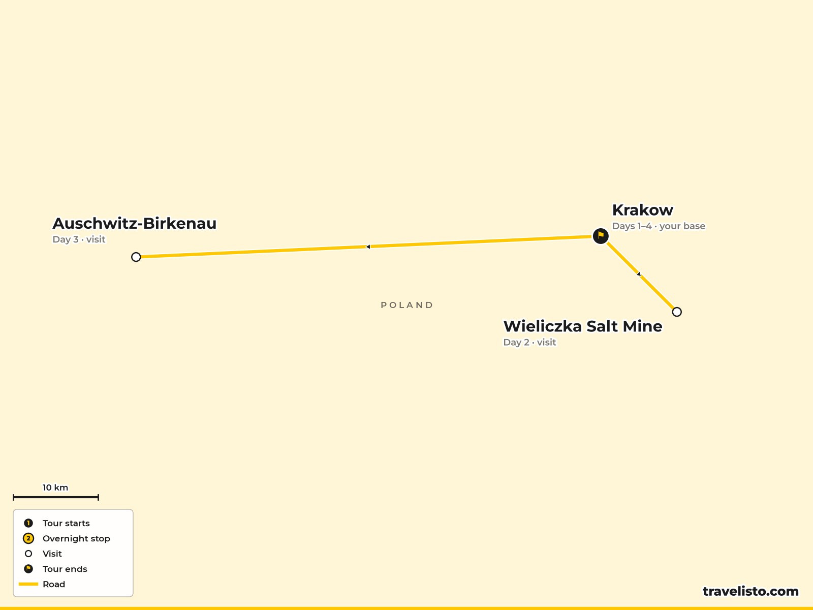 Map of the Krakow area showing the Old Town, Wawel Castle and Auschwitz