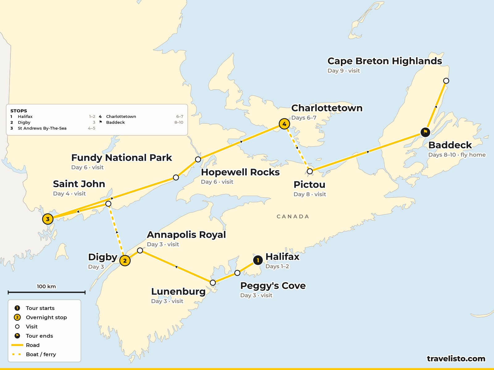 Map of the 11-day route through Nova Scotia, New Brunswick and Prince Edward Island