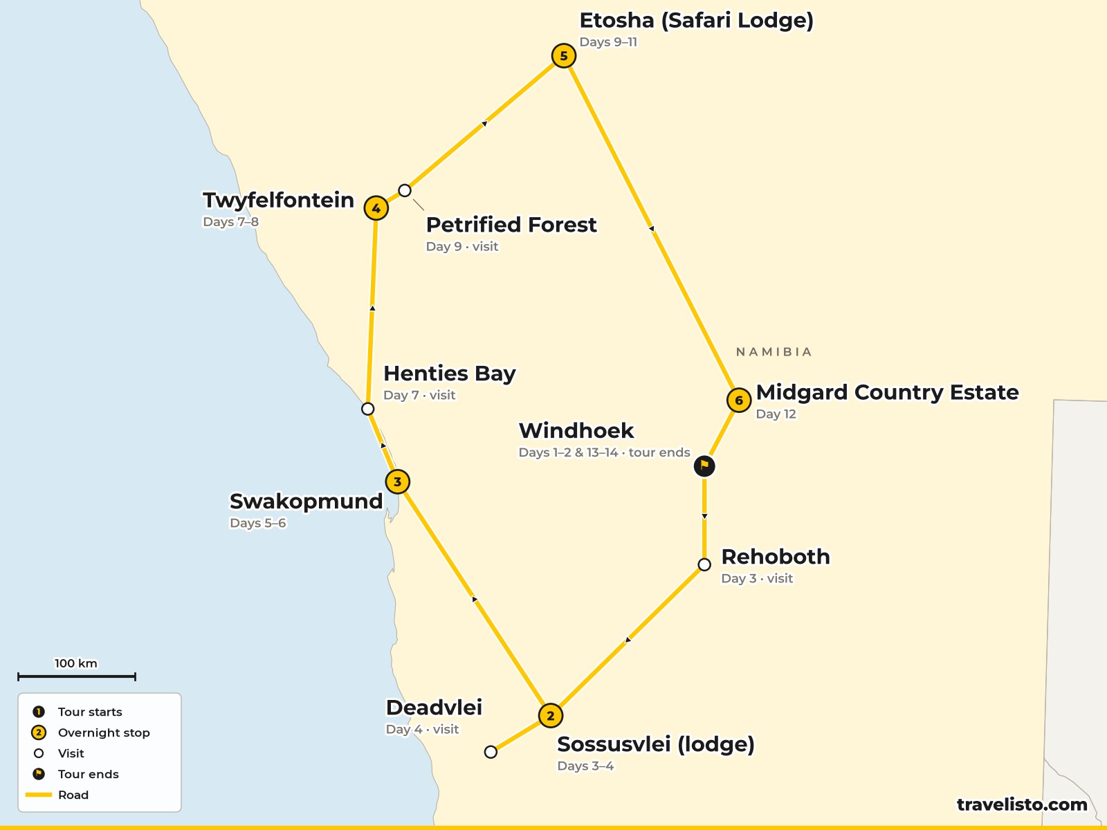 Map of the 14-day route from Windhoek to Sossusvlei, Swakopmund, Damaraland, Etosha and back