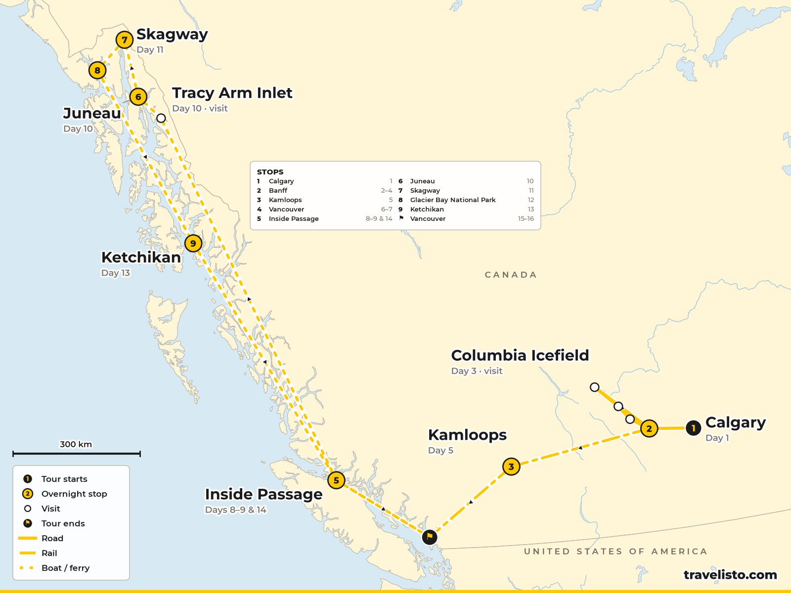 Map of the 16-day route from Calgary to Banff, by Rocky Mountaineer to Vancouver, and a cruise to Alaska
