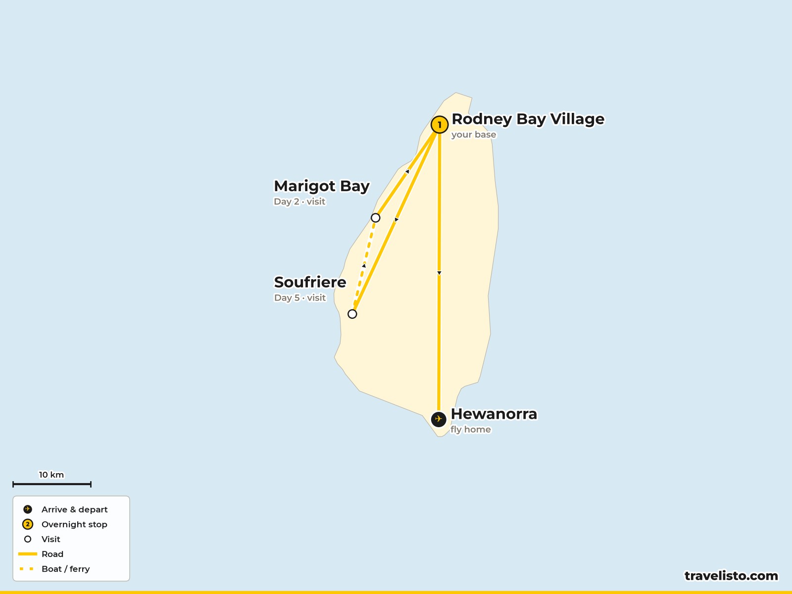 Map of Saint Lucia showing Rodney Bay, Castries, Marigot Bay and Soufrière