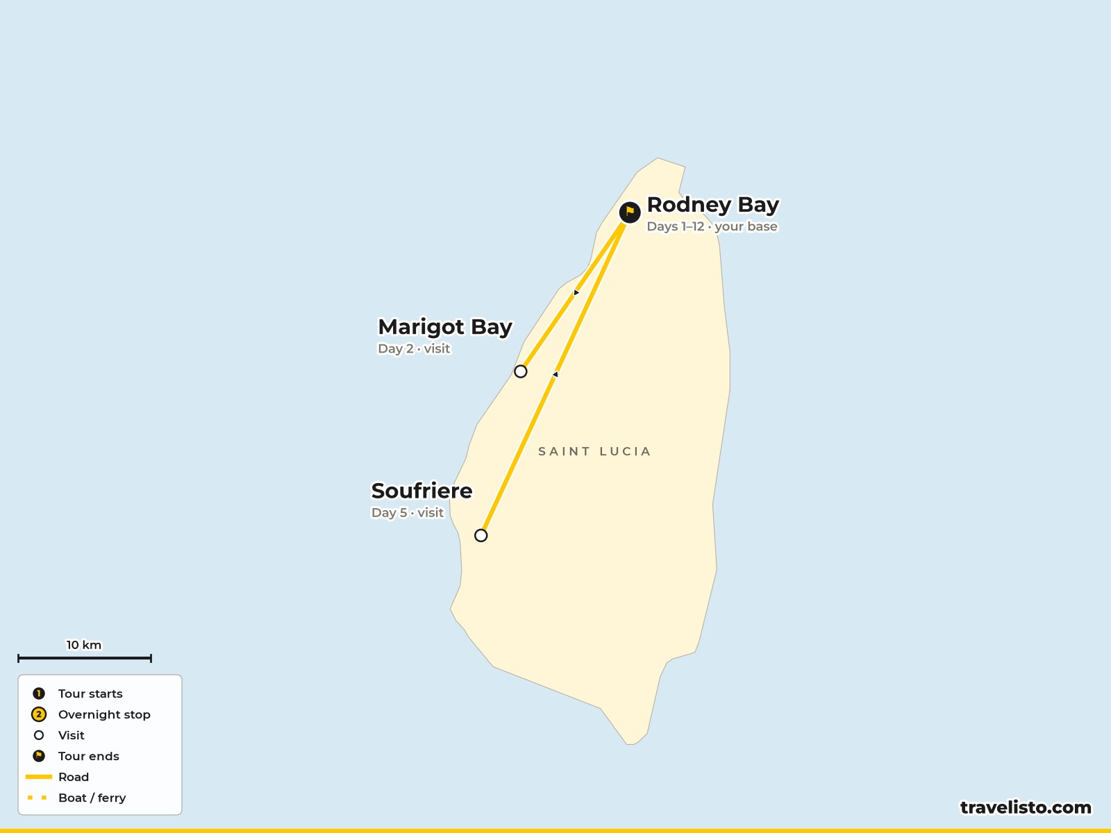 Map of Saint Lucia showing Rodney Bay, Pigeon Island, Castries, Marigot Bay and Soufrière