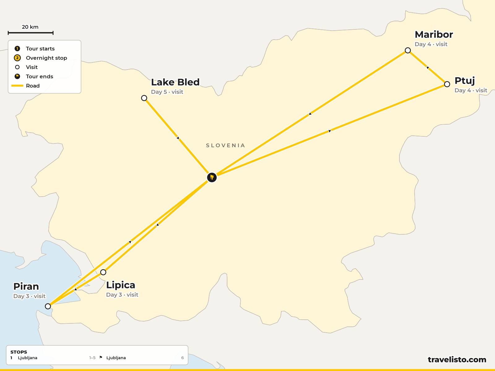 Map of Slovenia showing day trips from Ljubljana to Piran, Lipica, Ptuj, Maribor and Lake Bled