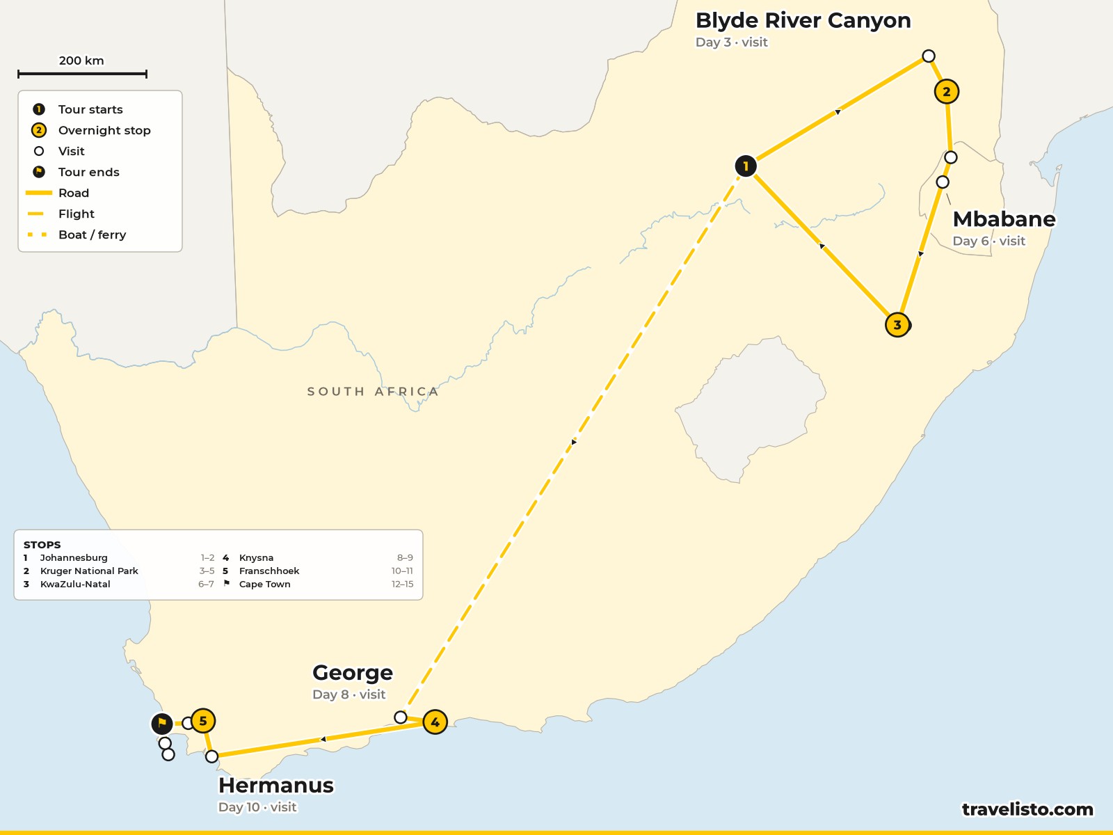 Map of the 16-day route from Johannesburg to Kruger, KwaZulu-Natal, Knysna, Franschhoek and Cape Town
