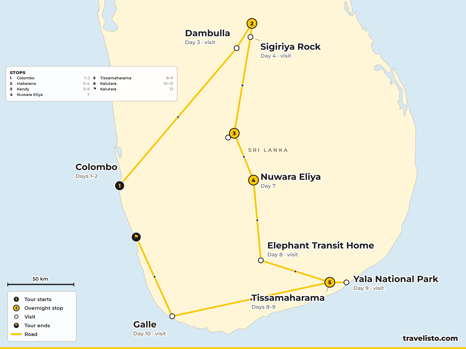 Map of the 13-day route from Colombo to Habarana, Kandy, Nuwara Eliya, Yala and Kalutara