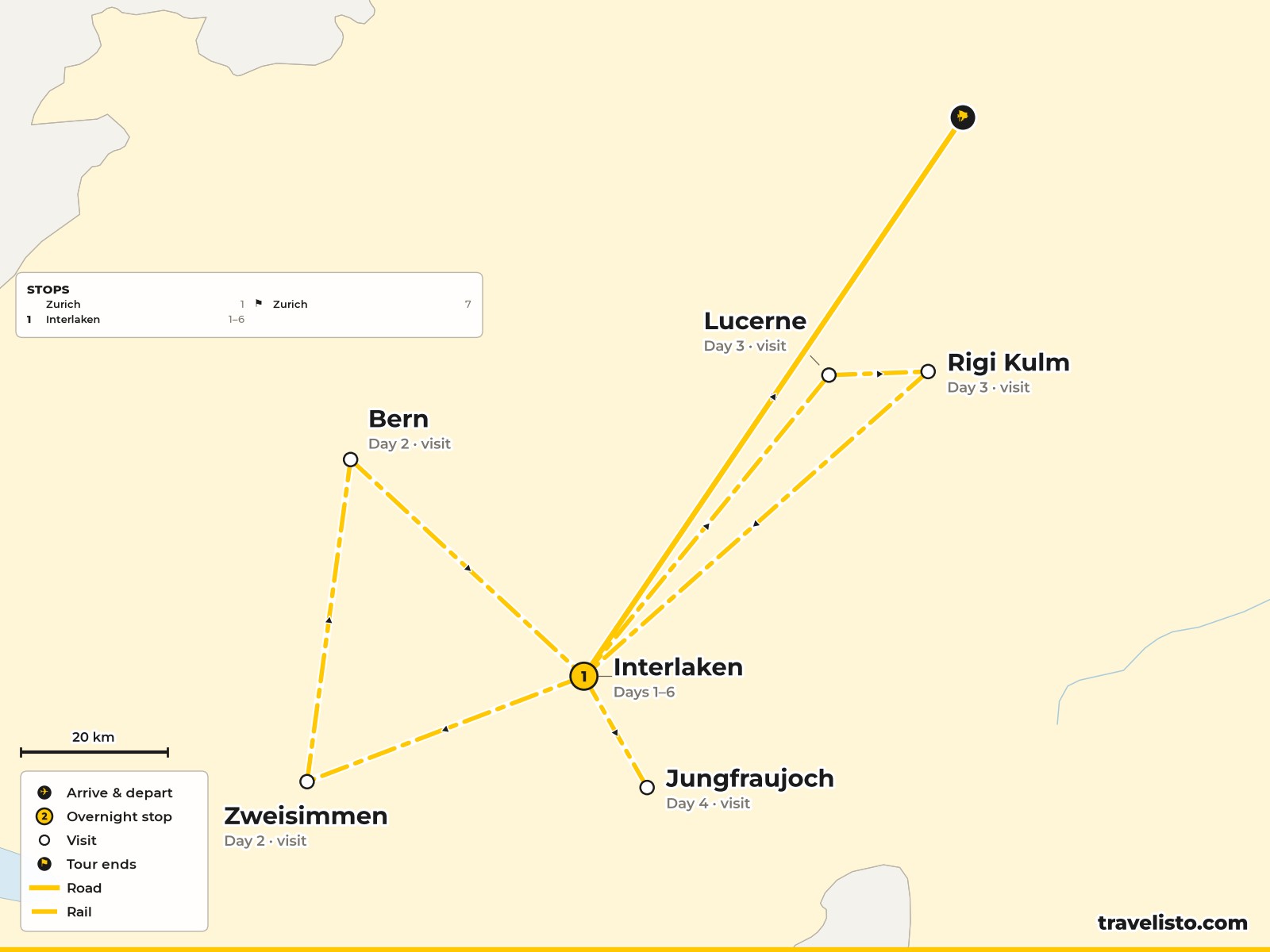Map of the 7-day rail holiday from Interlaken to Bern, Lucerne and the Glacier Express