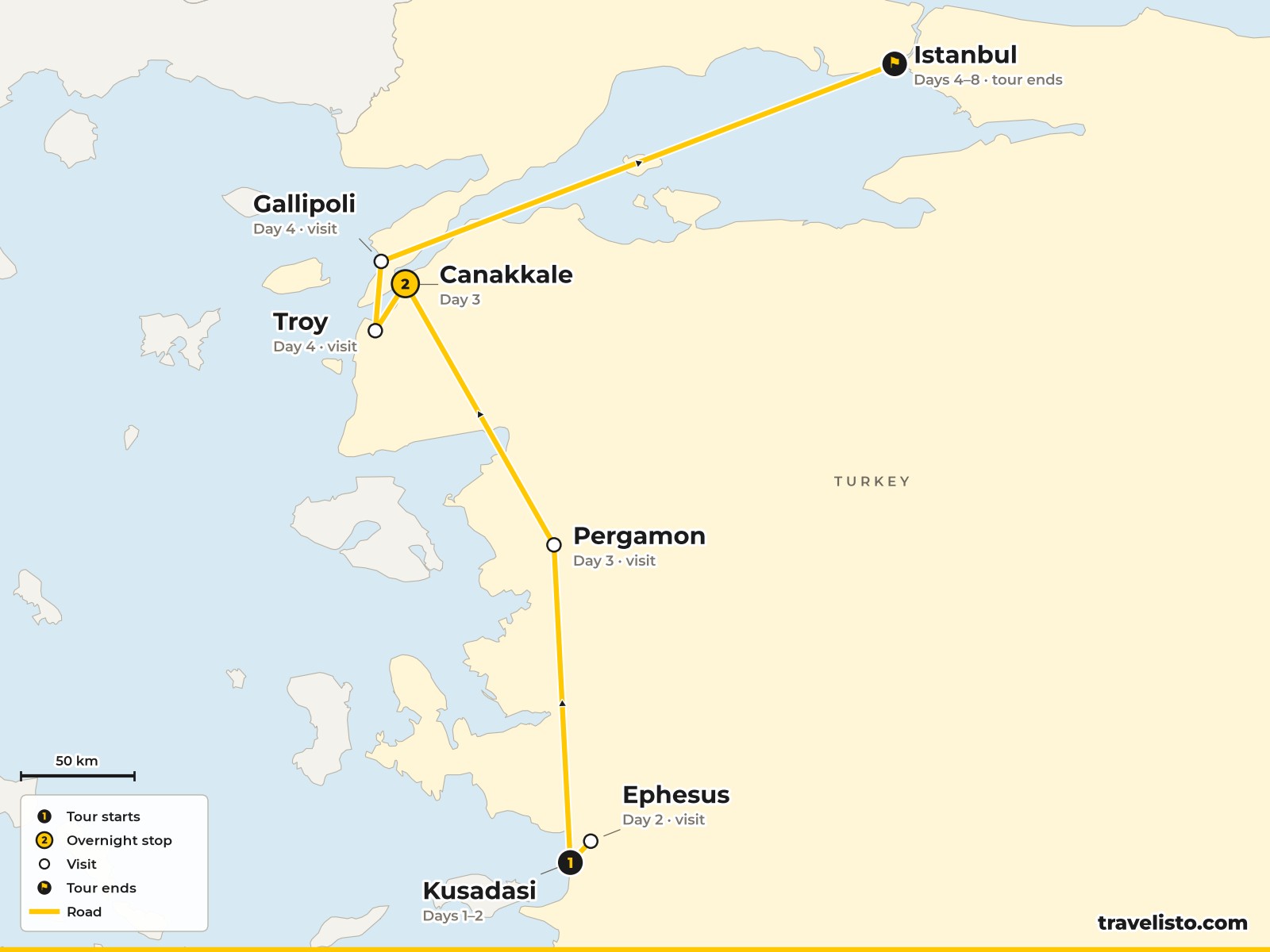 Map of the 8-day route from Kuşadası to Pergamon, Troy and Istanbul