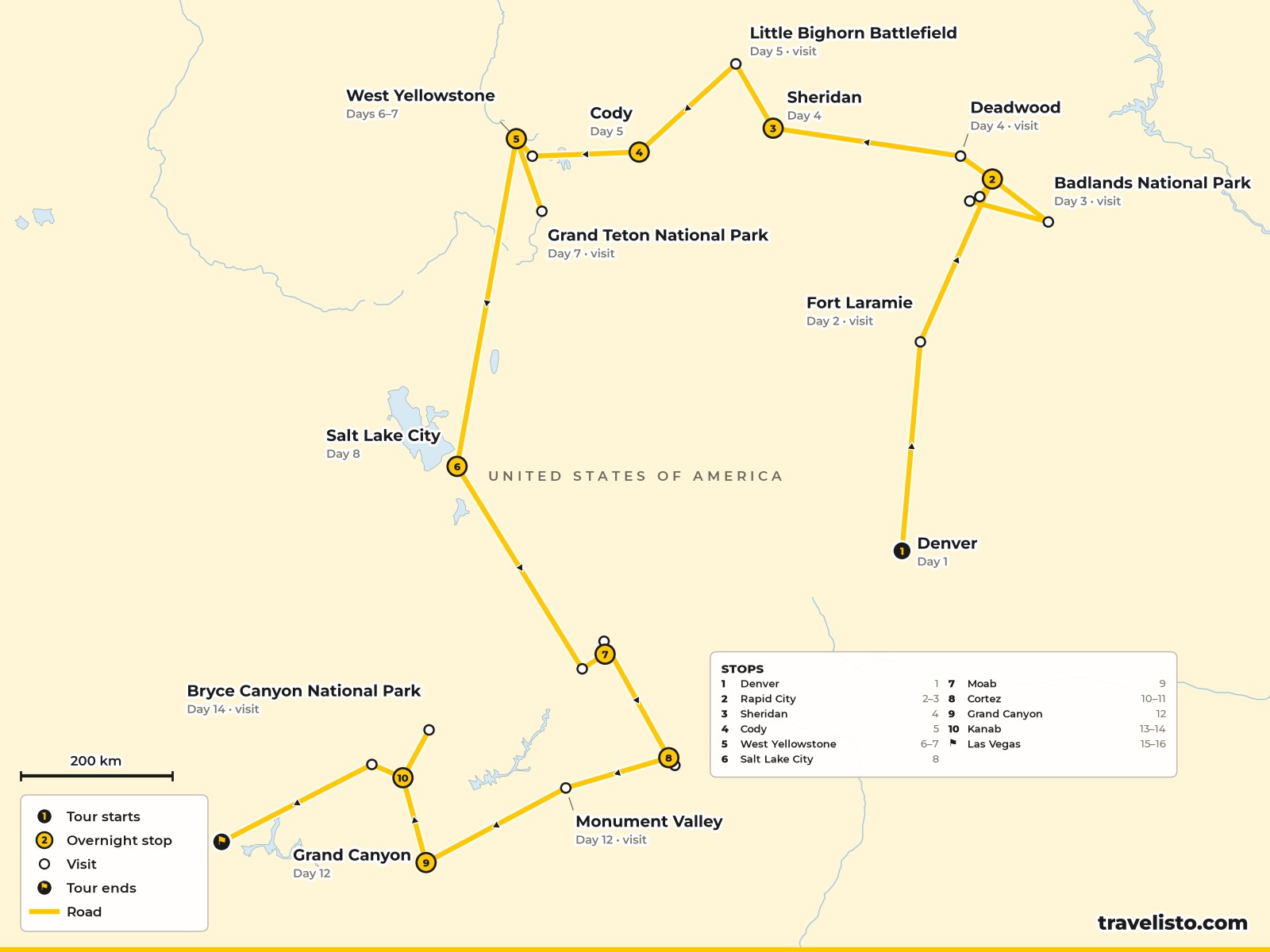 Map of the 17-day route from Denver through the Black Hills, Yellowstone and Utah to the Grand Canyon and Las Vegas