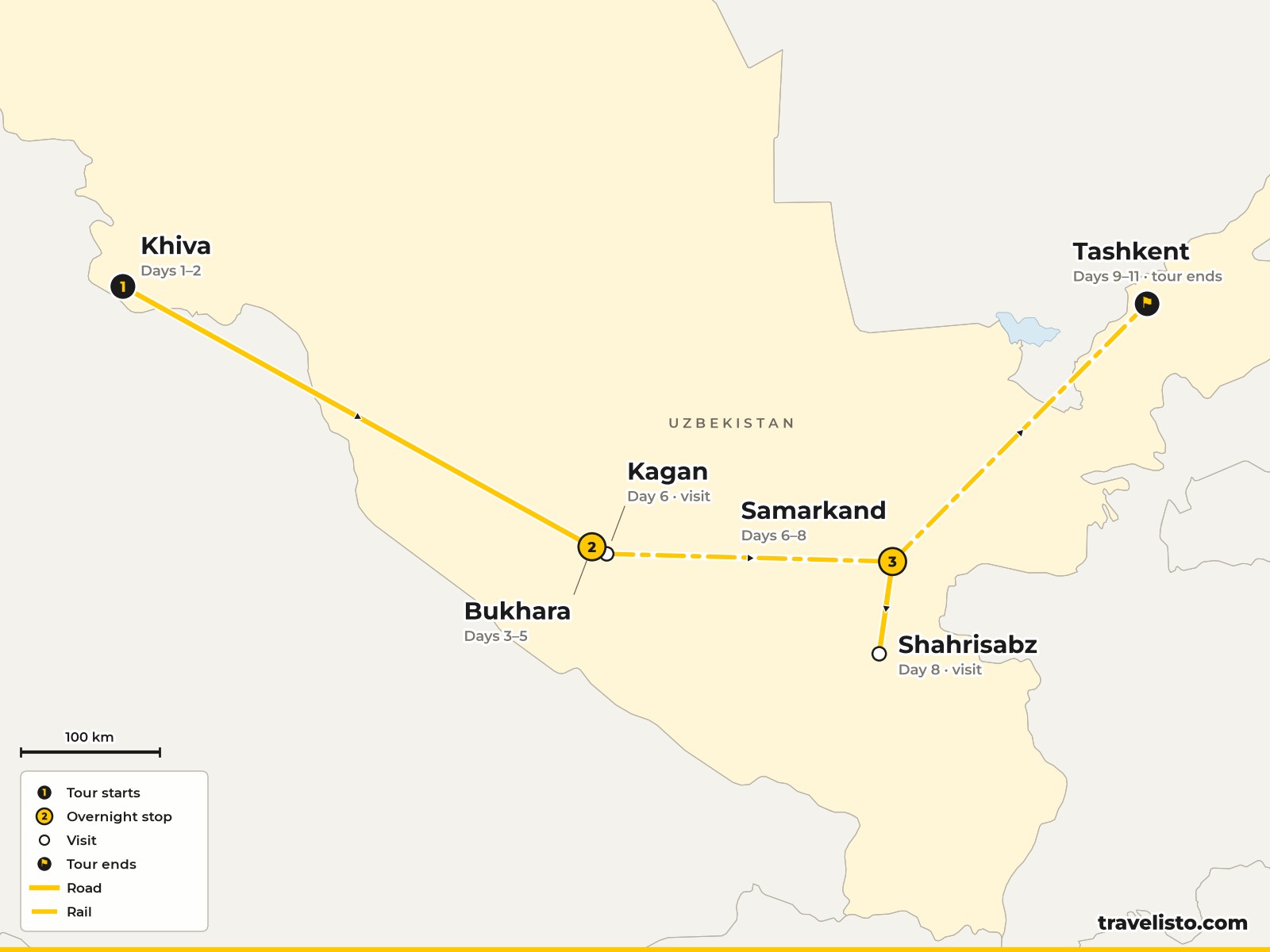 Map of the 11-day route from Khiva to Bukhara, Samarkand and Tashkent