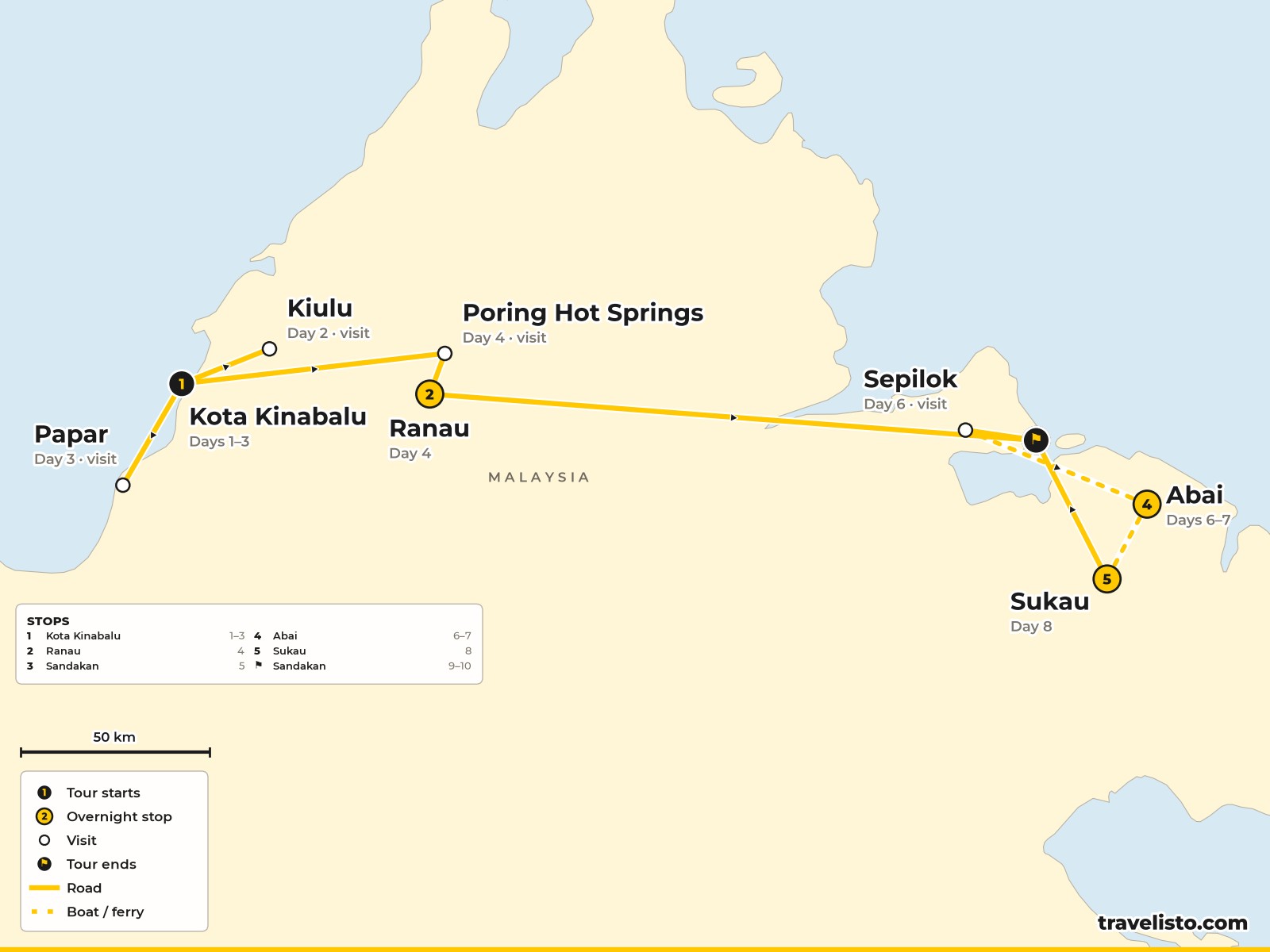 Map of the 10-day route from Kota Kinabalu to Kinabalu, Sandakan and the Kinabatangan River