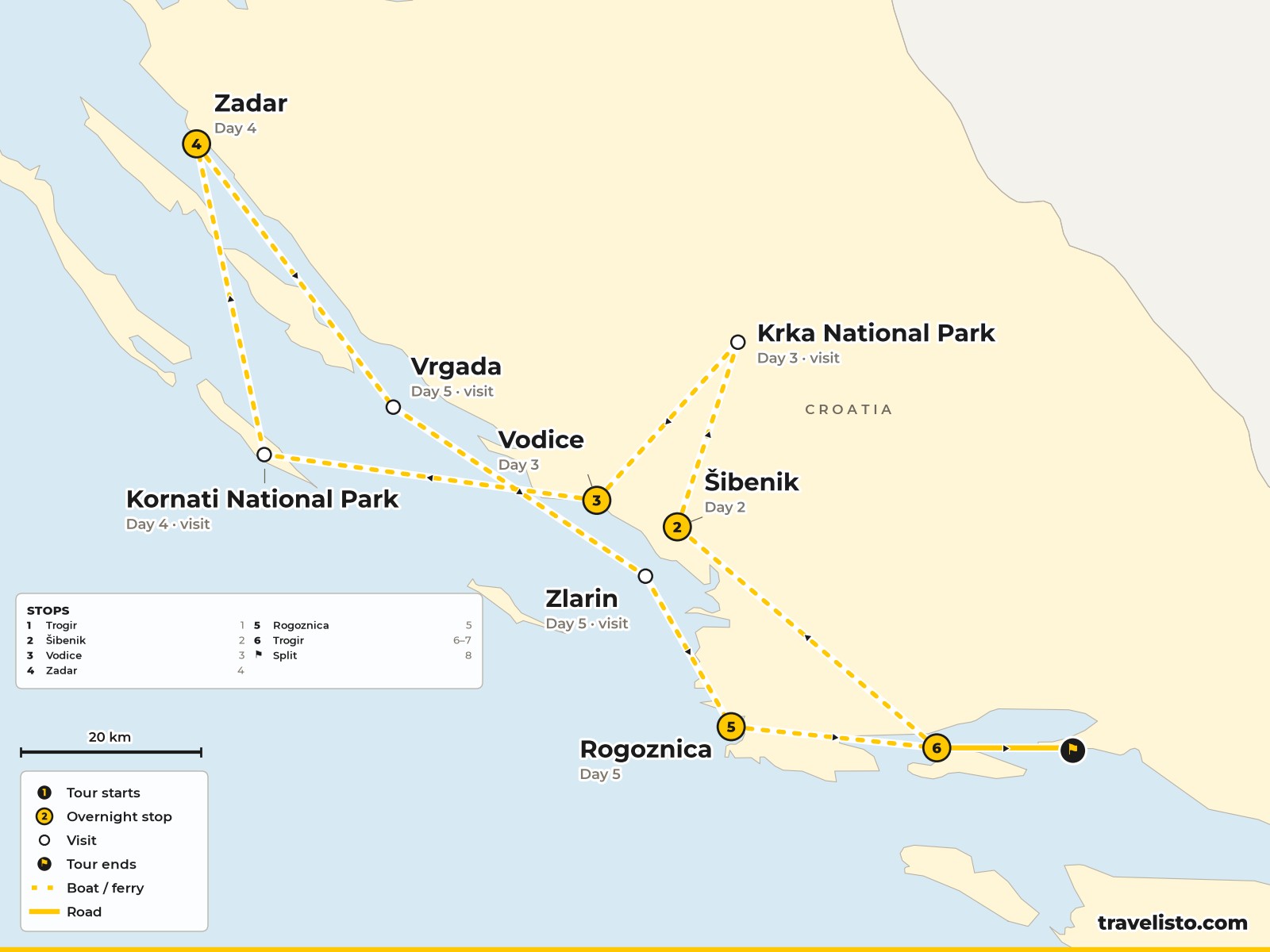 Map of the 8-day yacht cruise from Trogir to Sibenik, Krka, Kornati, Zadar, Rogoznica and Split