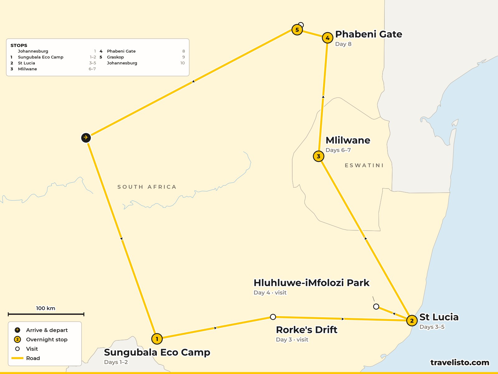 Map of the 10-day route from Johannesburg to the Drakensberg, St Lucia, Eswatini, the Kruger and back