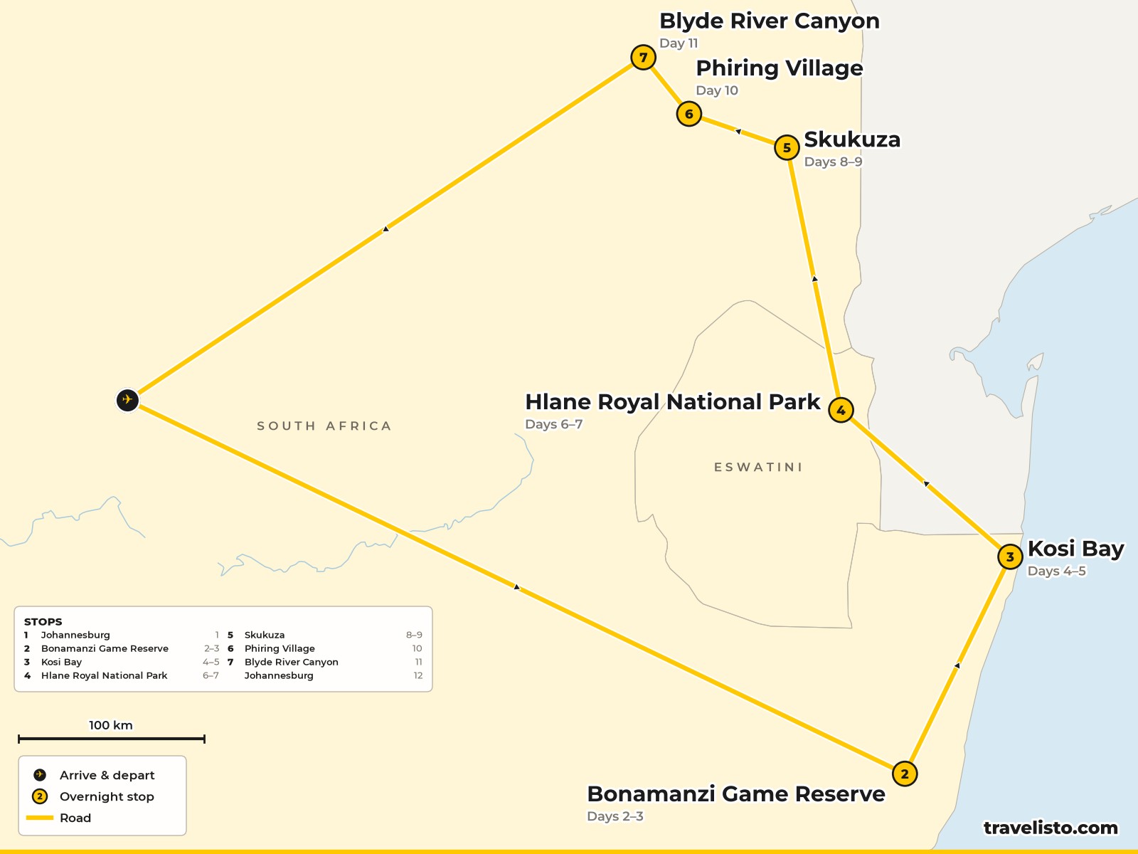 Map of the 12-day family route from Johannesburg to Hluhluwe, Kosi Bay, Hlane, the Kruger, Phiring and the Blyde River Canyon