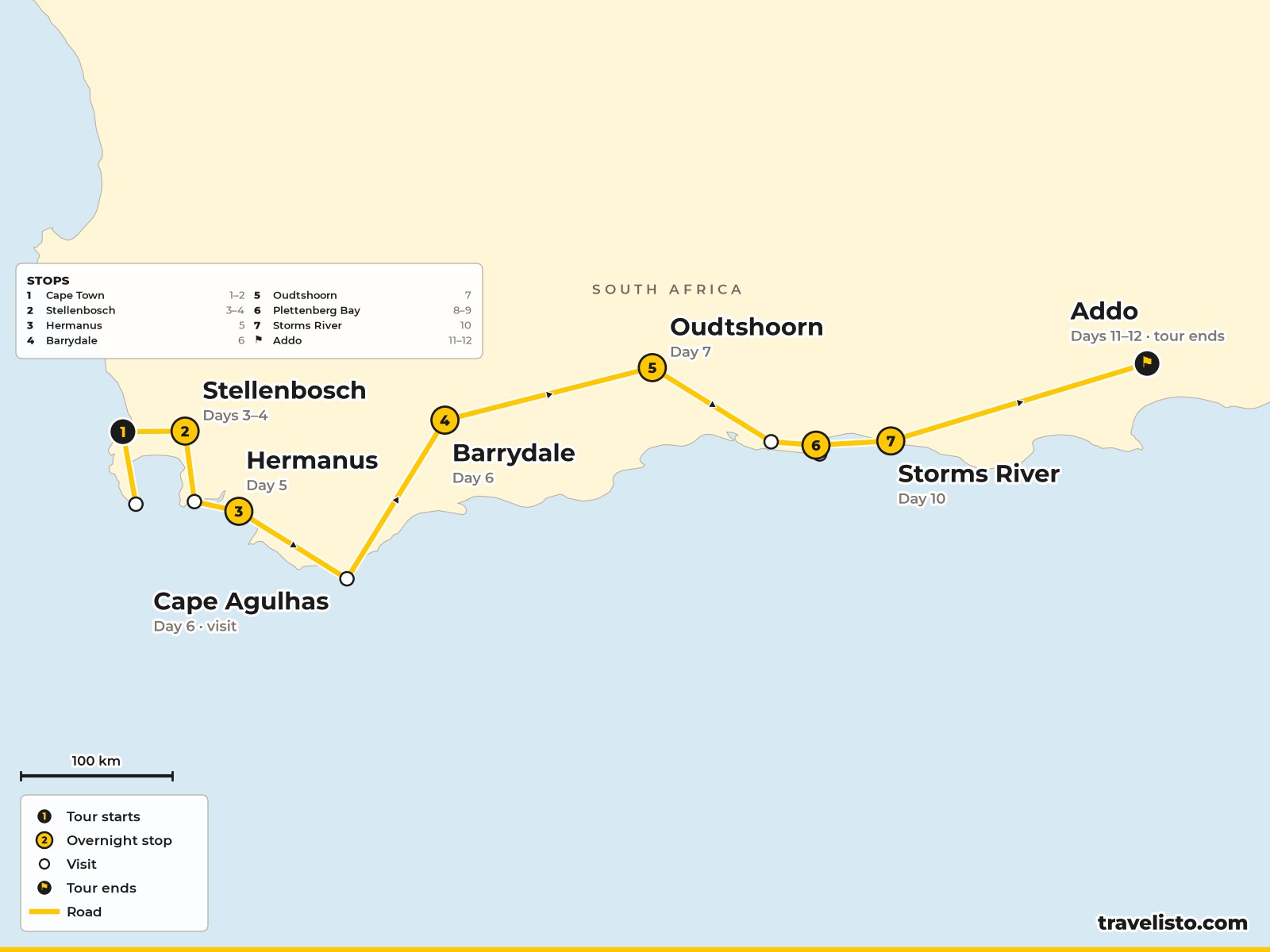 Map of the 12-day route from Cape Town to Stellenbosch, Hermanus, Oudtshoorn, Plettenberg Bay, Tsitsikamma and Addo