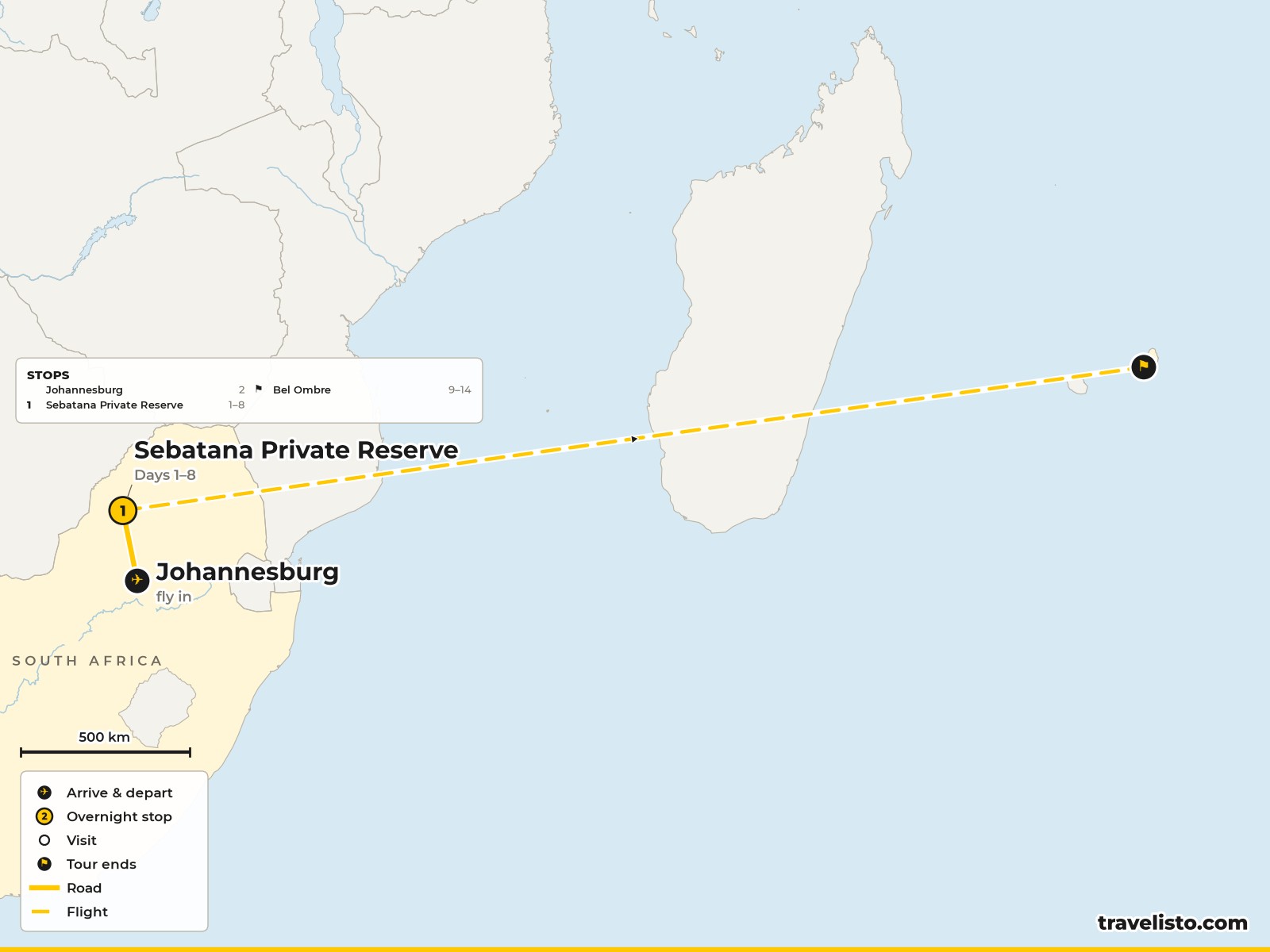Map of the 15-day holiday from Johannesburg to the Waterberg safari lodge, then by air to Bel Ombre in Mauritius