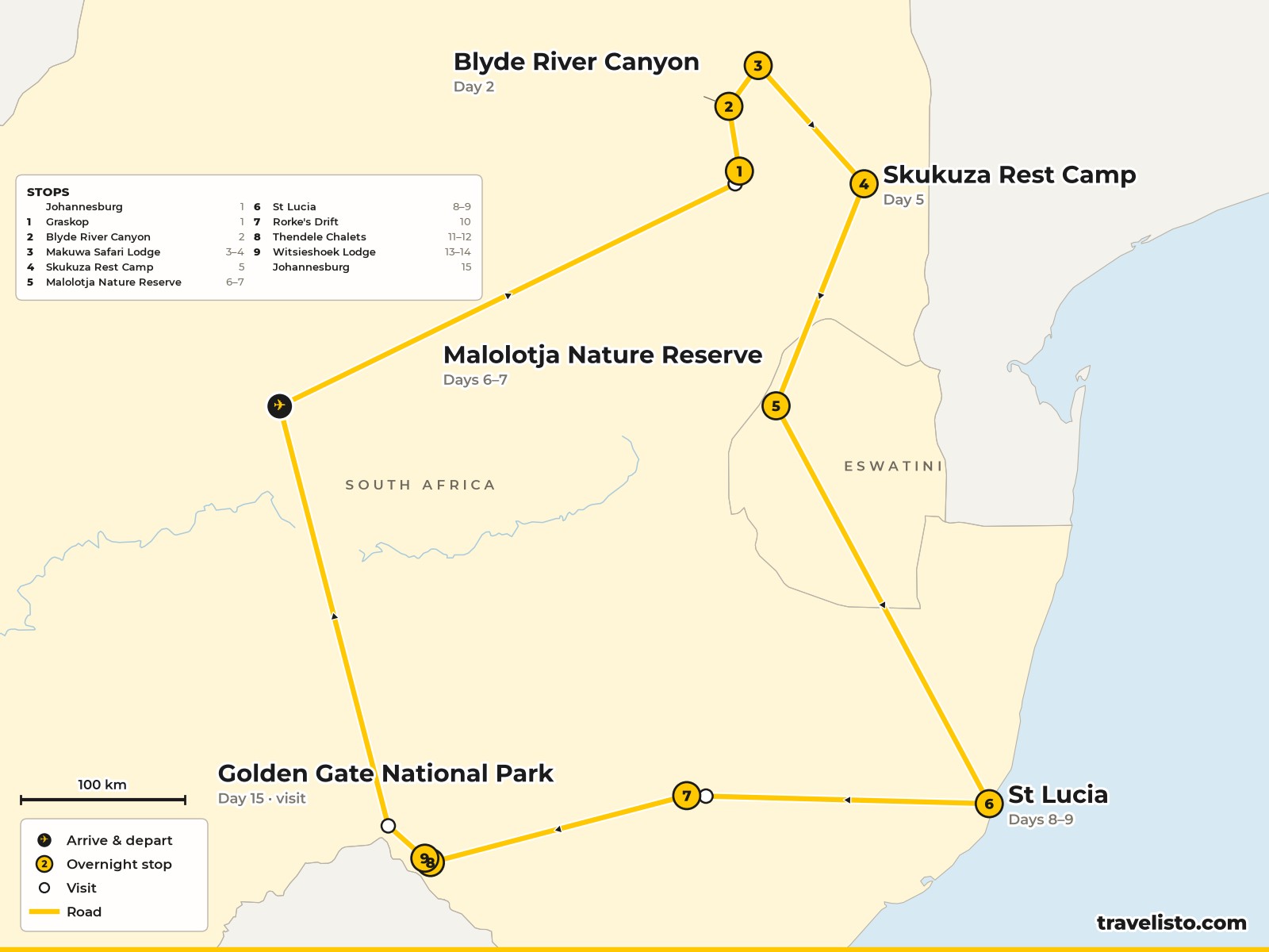Map of the 15-day route from Johannesburg to Kruger, Eswatini, St Lucia and the Drakensberg