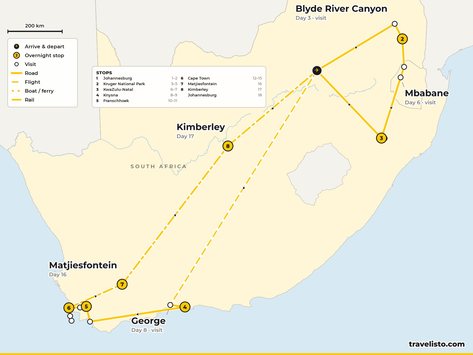 Map of the 19-day route from Johannesburg to Kruger, KwaZulu-Natal, the Garden Route, Cape Town and back by Rovos Rail
