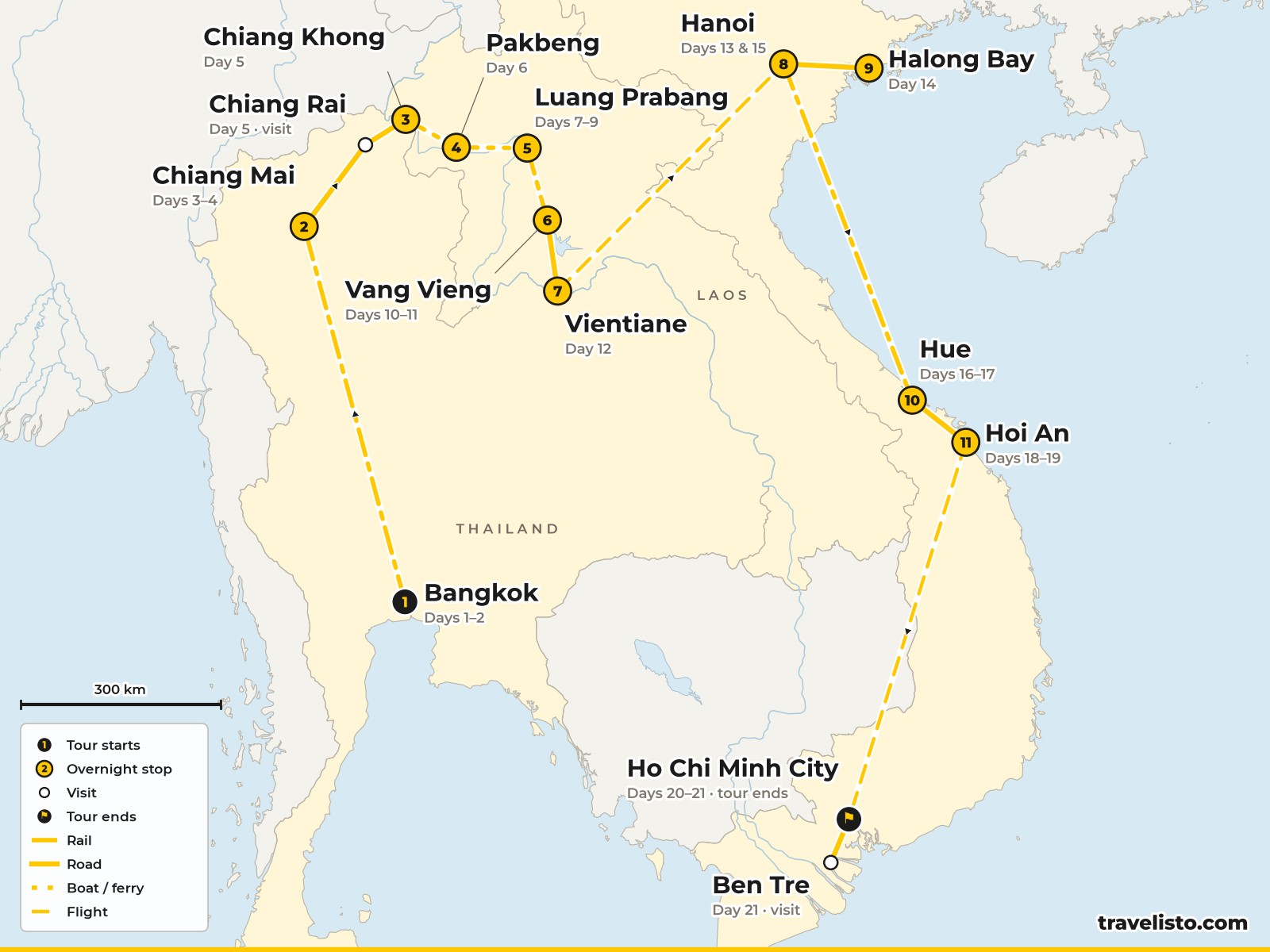 Map of the 22-day route from Bangkok through northern Thailand, Laos and Vietnam to Ho Chi Minh City