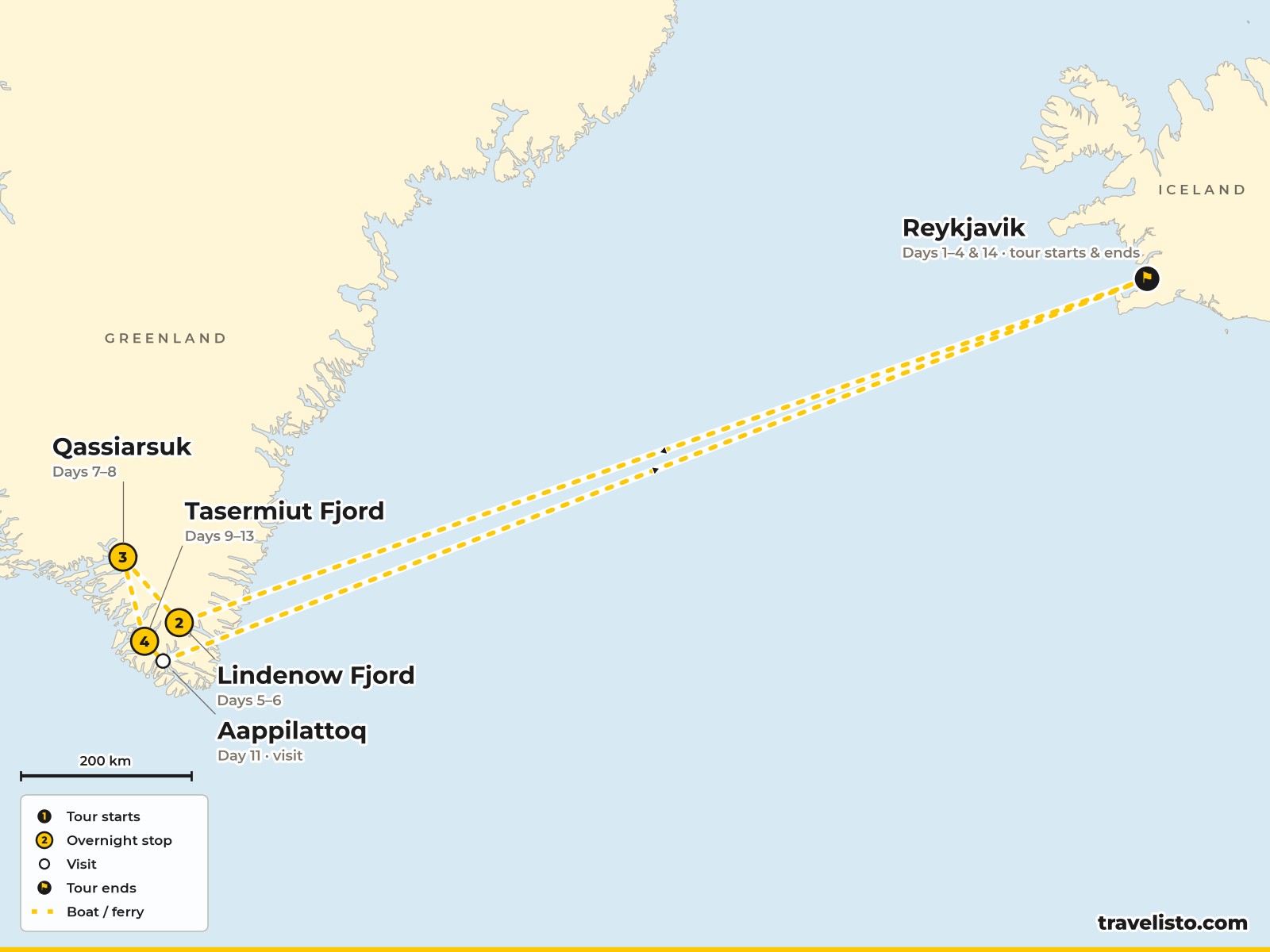 Map of the 14-day expedition from Reykjavik across the Denmark Strait to South Greenland and back