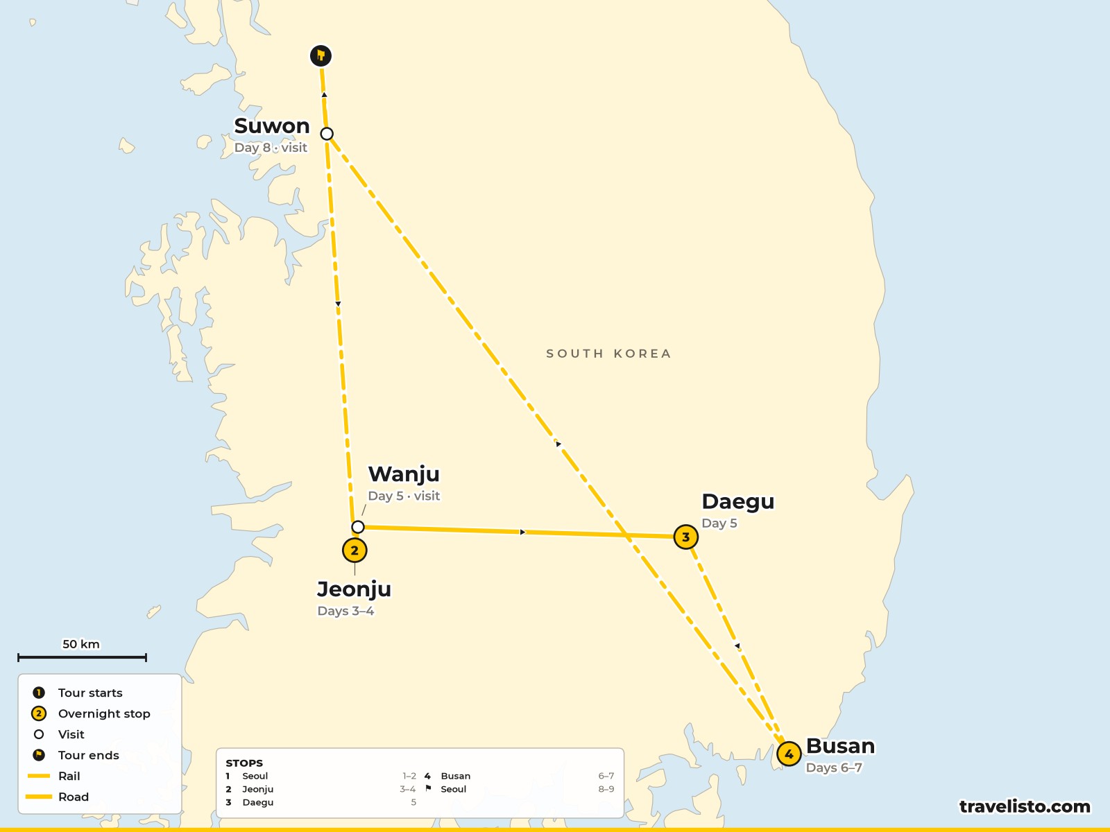 Map of the 9-day route from Seoul to Jeonju, Wanju, Daegu, Busan, Suwon and back to Seoul