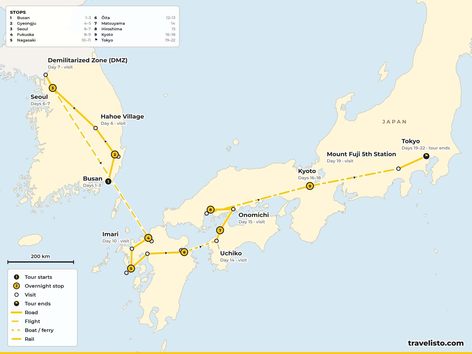 Map of the 22-day tour from Busan, Gyeongju and Seoul in Korea to Fukuoka, Nagasaki, Beppu, Matsuyama, Hiroshima, Kyoto, Mount Fuji and Tokyo in Japan