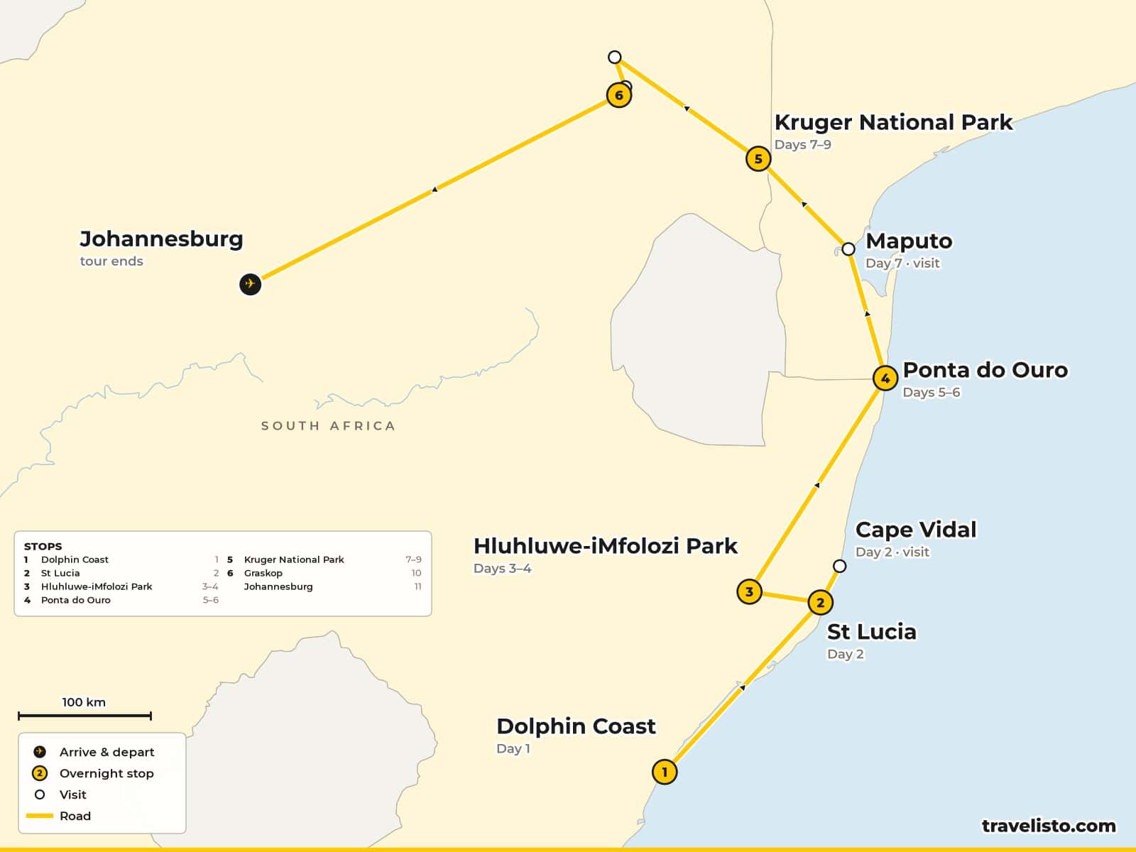 Map of the 11-day safari from the Dolphin Coast to St Lucia and Hluhluwe-iMfolozi, Ponta do Ouro in Mozambique, Kruger National Park, the Blyde River Canyon and Johannesburg