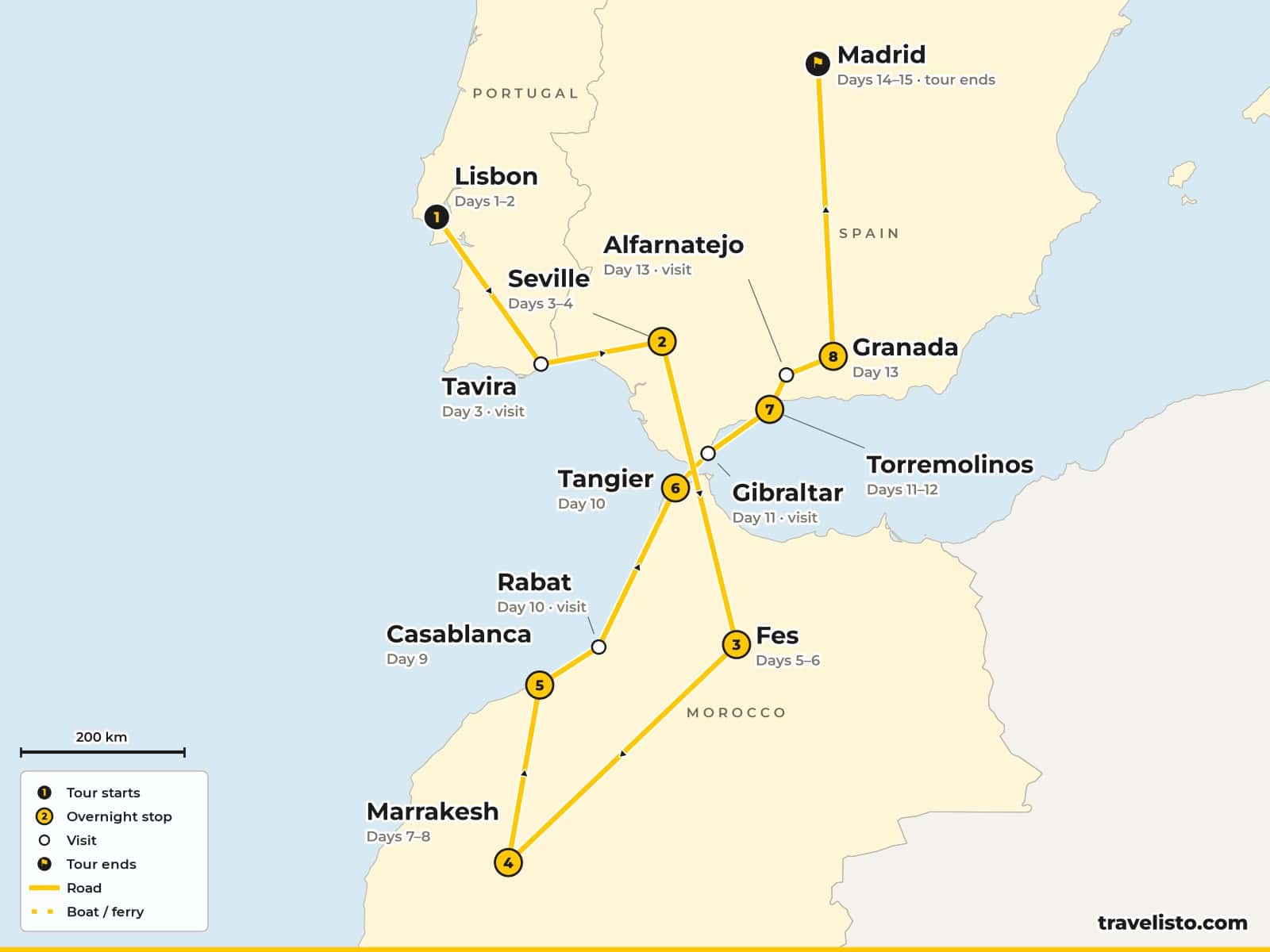 Route map of the 16-day tour from Lisbon to Madrid via Seville, Fes, Marrakesh, Casablanca, Tangier, Gibraltar and Granada