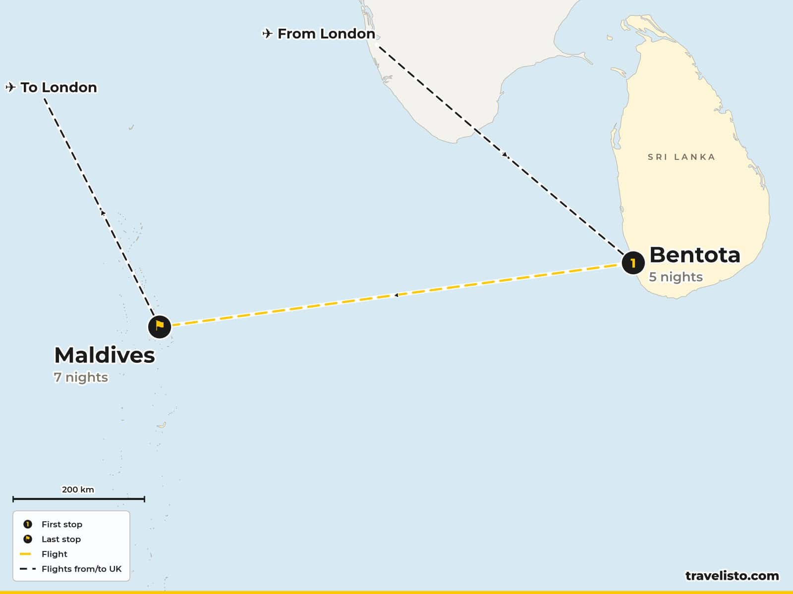 Route map: Sri Lanka & Maldives