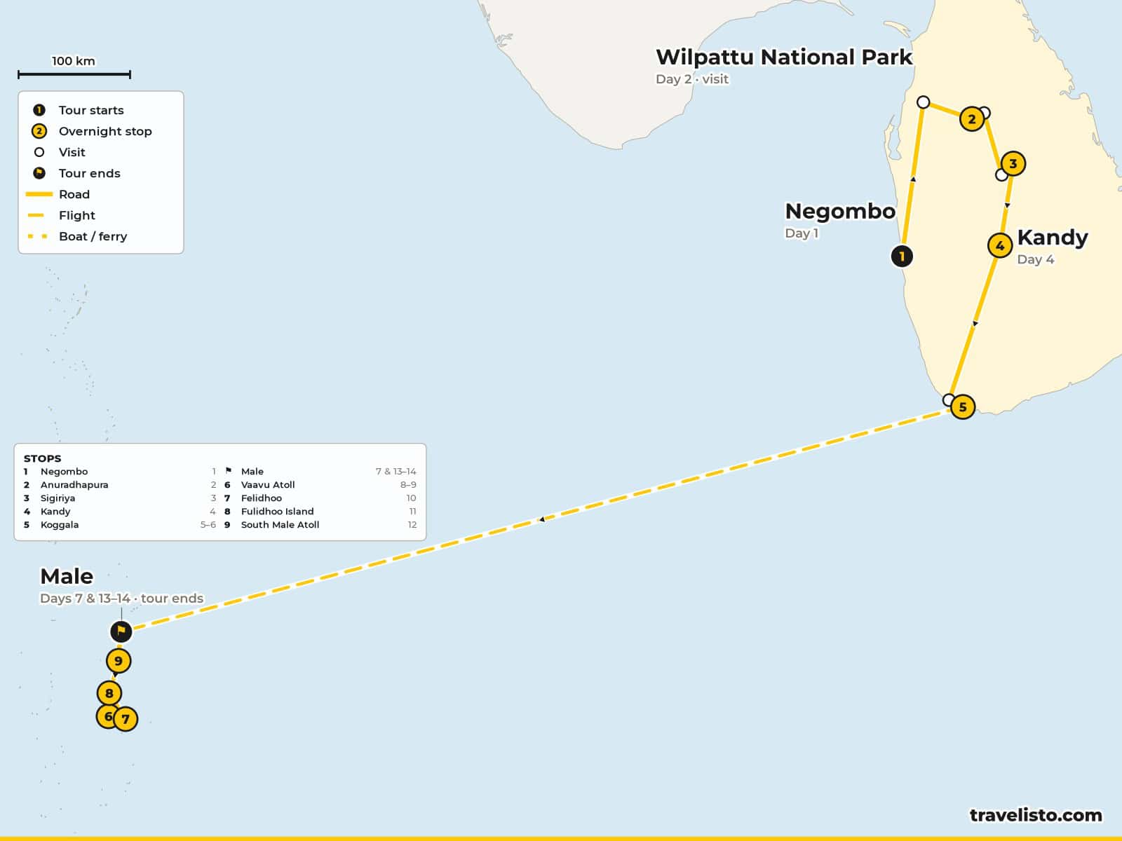 Map of the 14-day trip from Negombo to Wilpattu, Anuradhapura, Sigiriya, Kandy and Koggala in Sri Lanka, then by air to Malé and by dhoni around the Vaavu and South Malé atolls