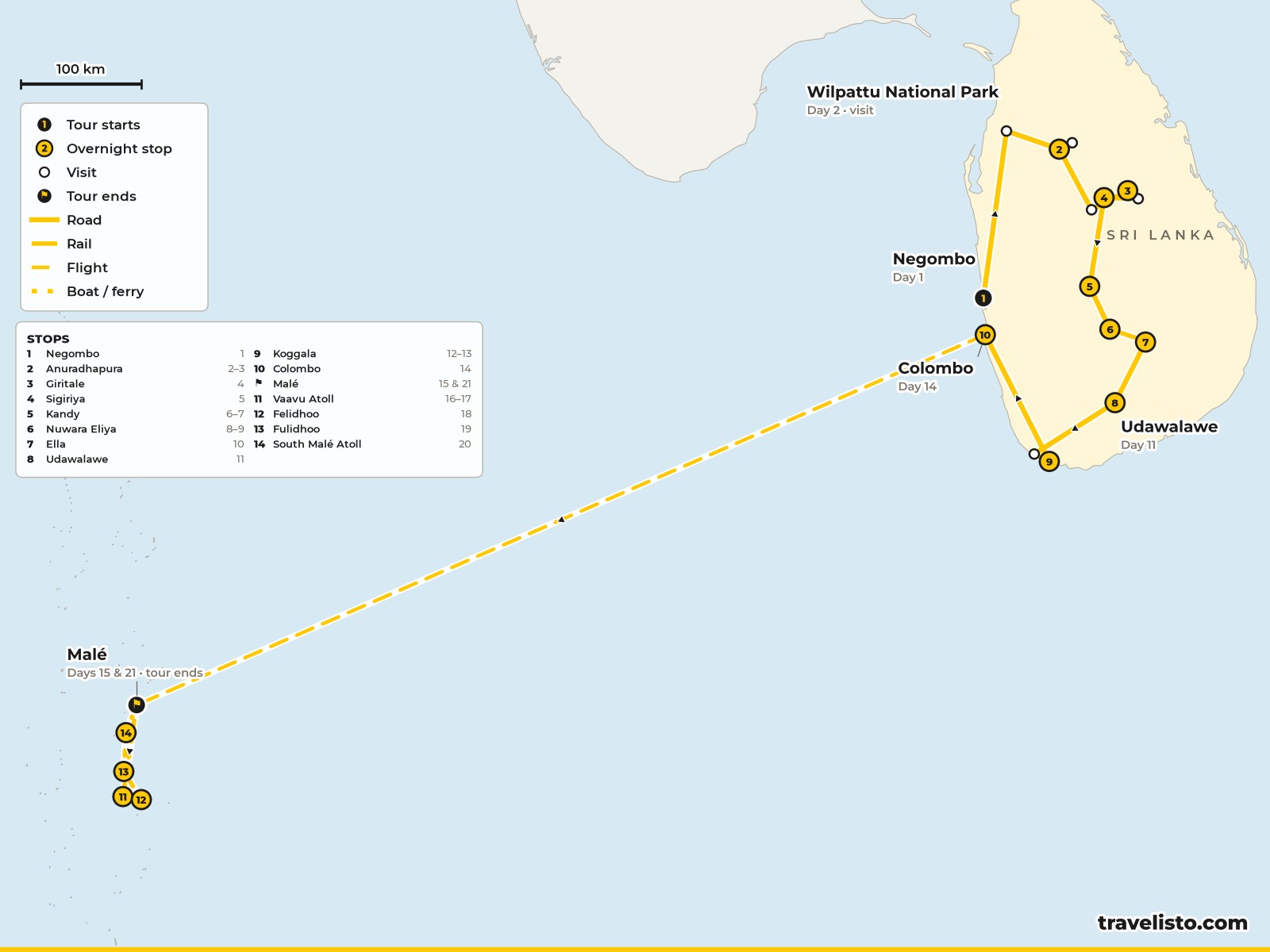 Map of the 22-day route around Sri Lanka from Negombo to Colombo and a dhoni cruise in the Maldives
