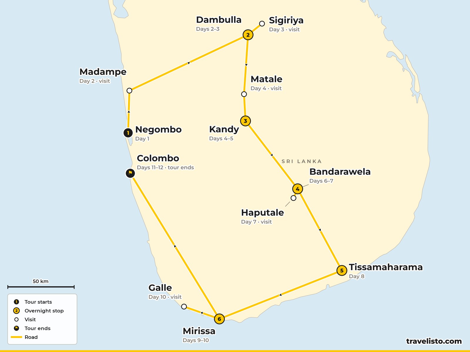 Map of the 12-day route from Negombo to Dambulla, Kandy, Bandarawela, Yala, Mirissa and Colombo