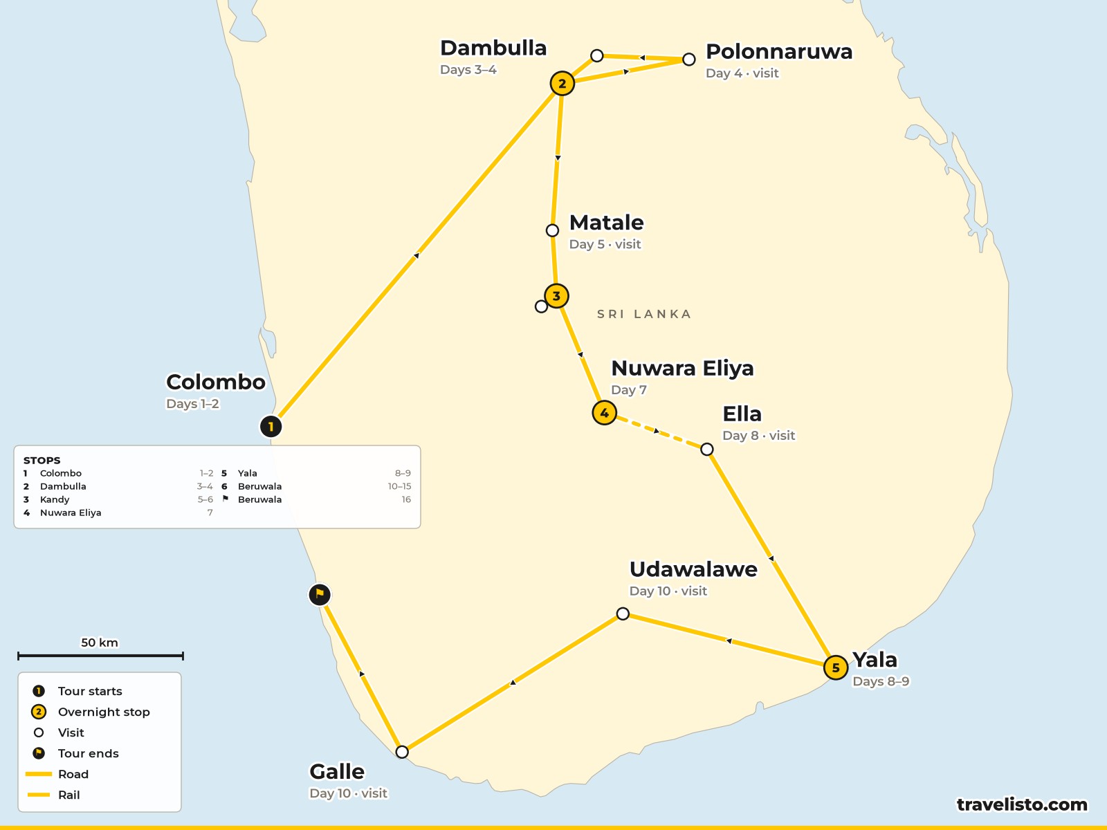 Map of the 17-day route from Colombo to Dambulla, Kandy, Nuwara Eliya, Yala and Beruwala