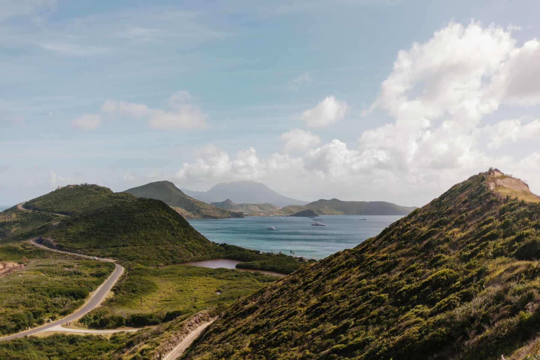 The view from Timothy Hill over the hills and coast of St Kitts
