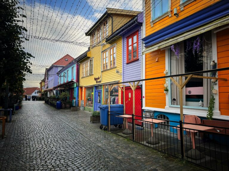 A cobbled street of wooden houses in Stavanger